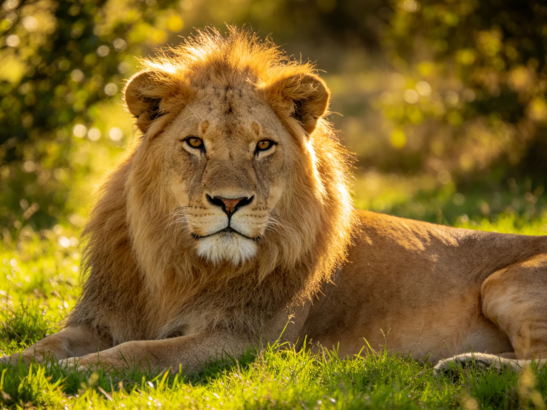 A golden-maned lion reclines on vibrant green grass under warm sunlight