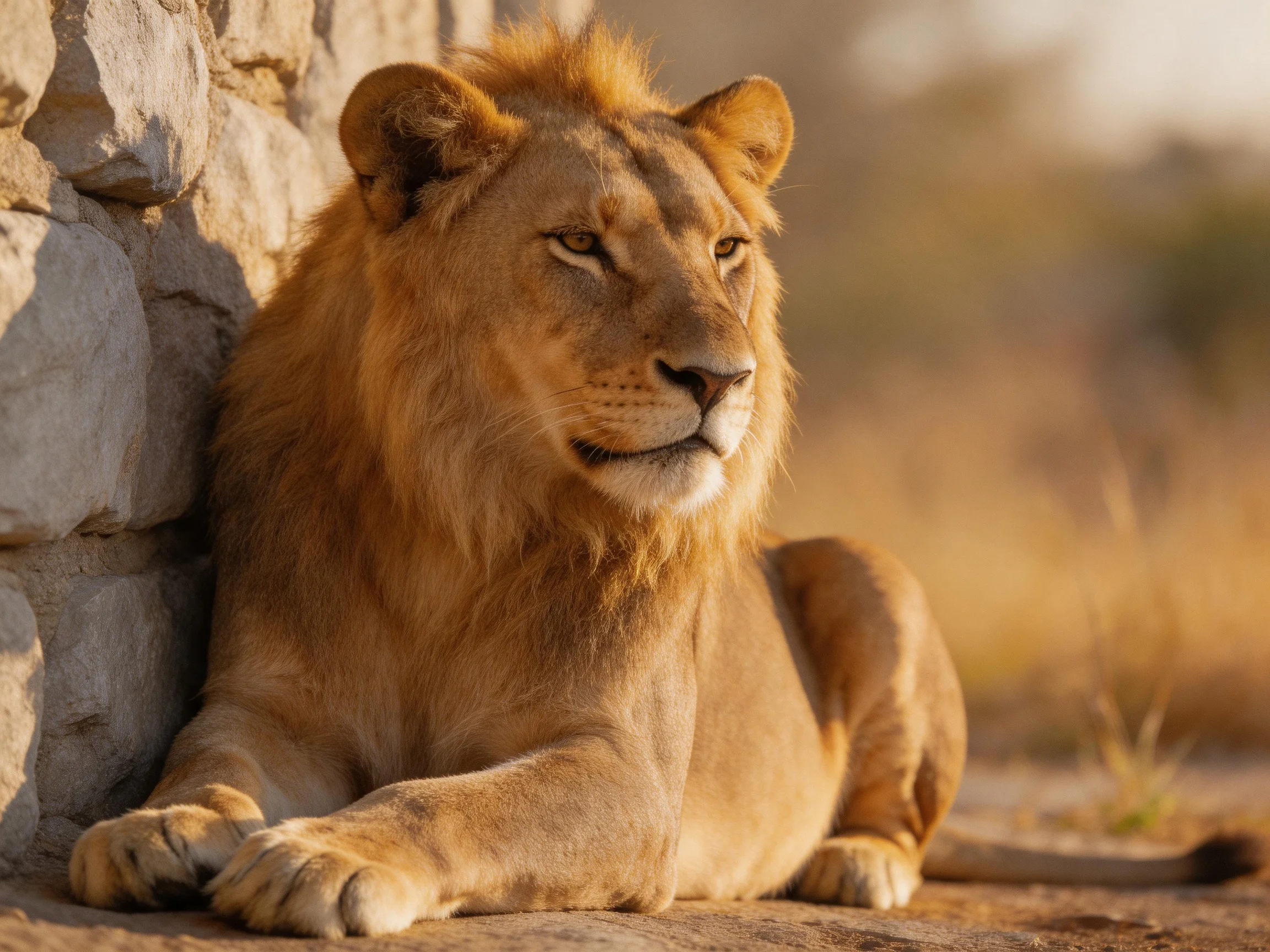 A golden-maned lion rests against a weathered stone wall in warm sunlight
