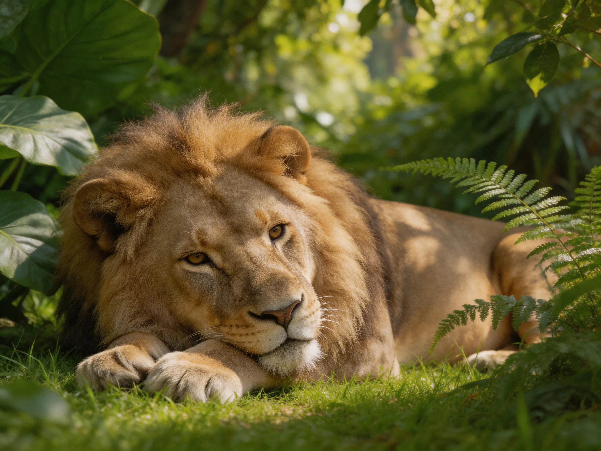 A golden-maned lion rests in lush green foliage