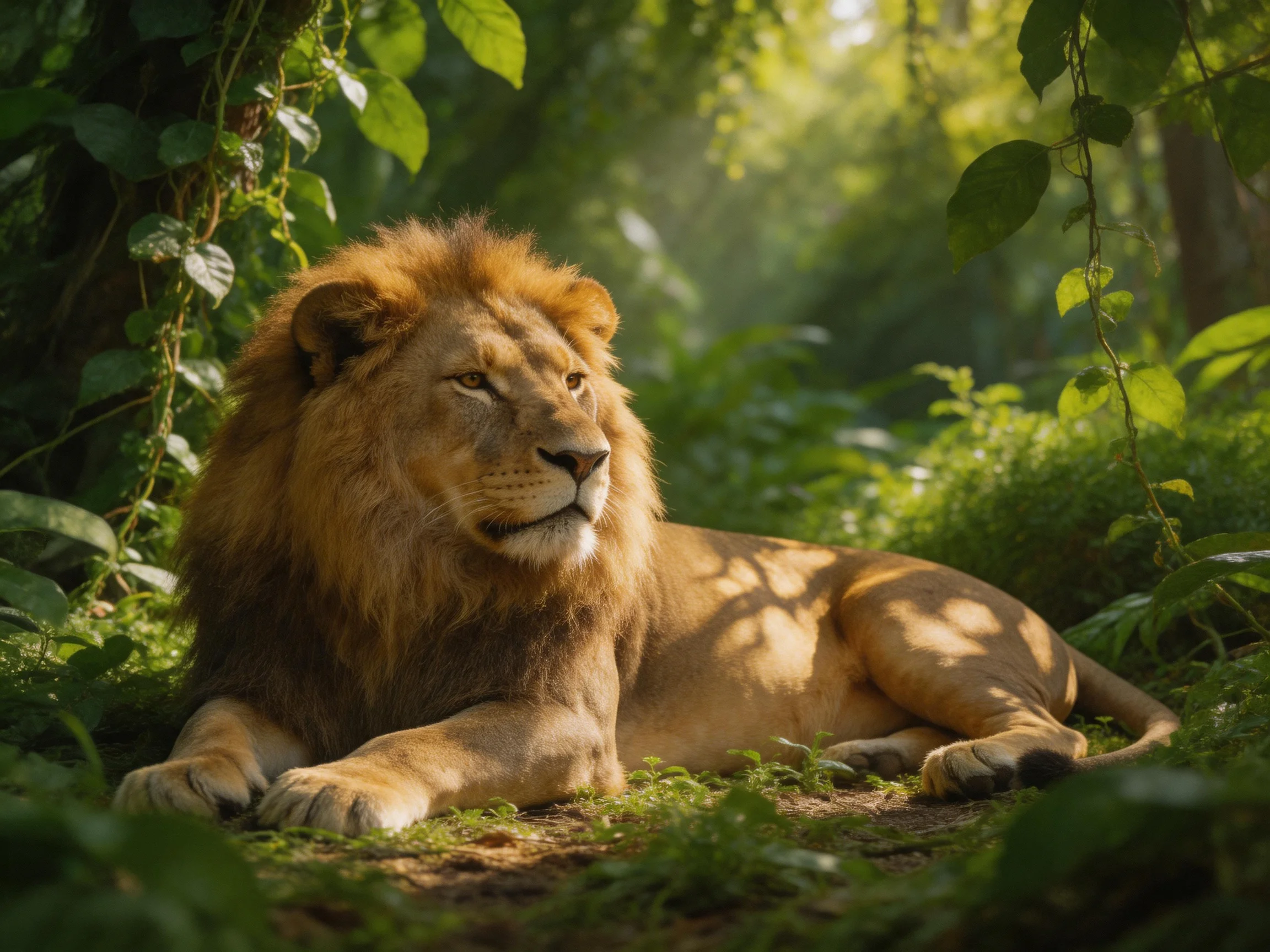 A golden-maned lion rests in lush greenery under dappled sunlight