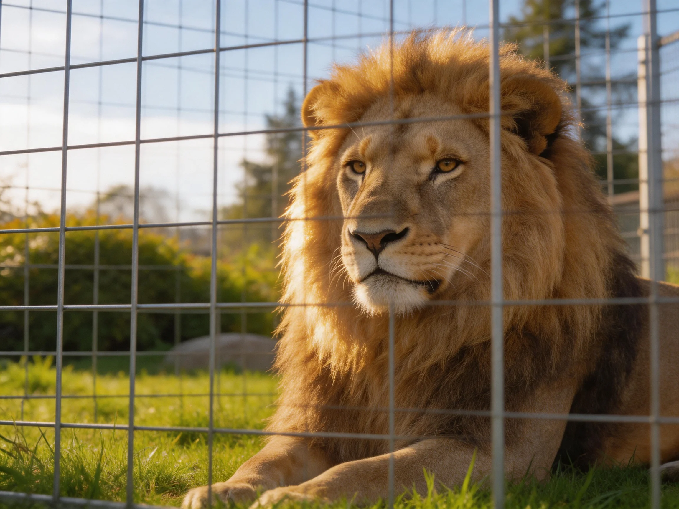 A golden-maned lion rests near a metal fence
