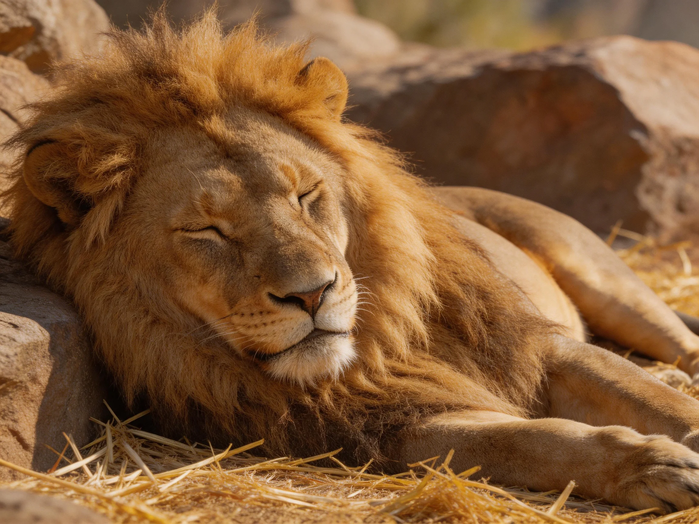 A golden-maned lion rests near rocky terrain and straw