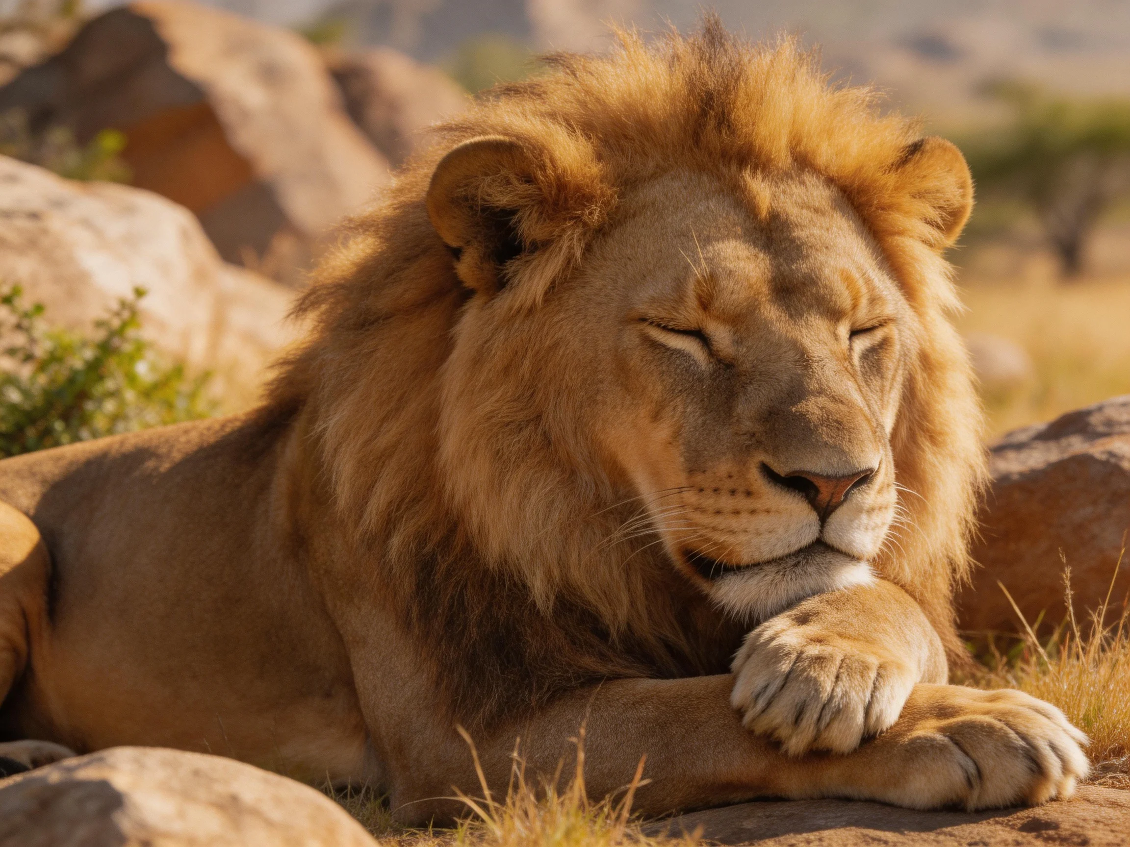 A golden-maned lion rests near rocky terrain with closed eyes