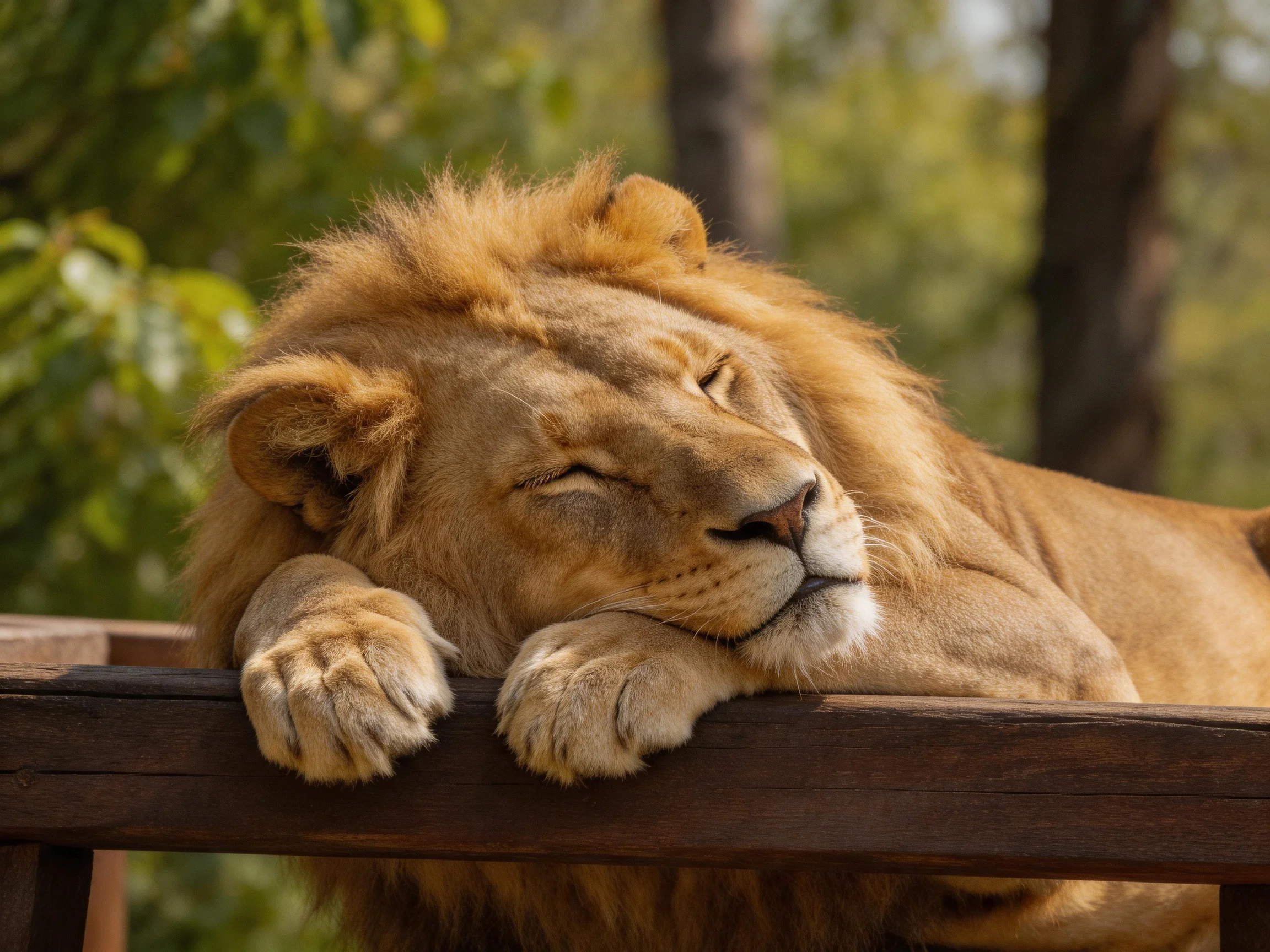 A golden-maned lion rests on a dark wooden railing amid green foliage