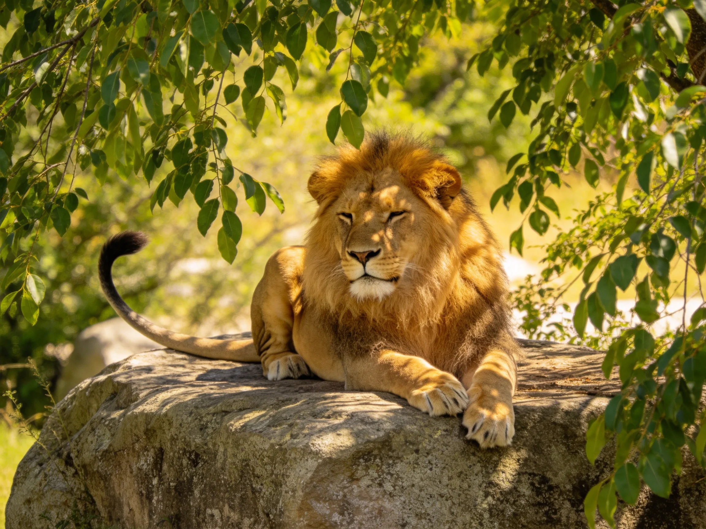A golden-maned lion rests on a large rock amid lush green foliage