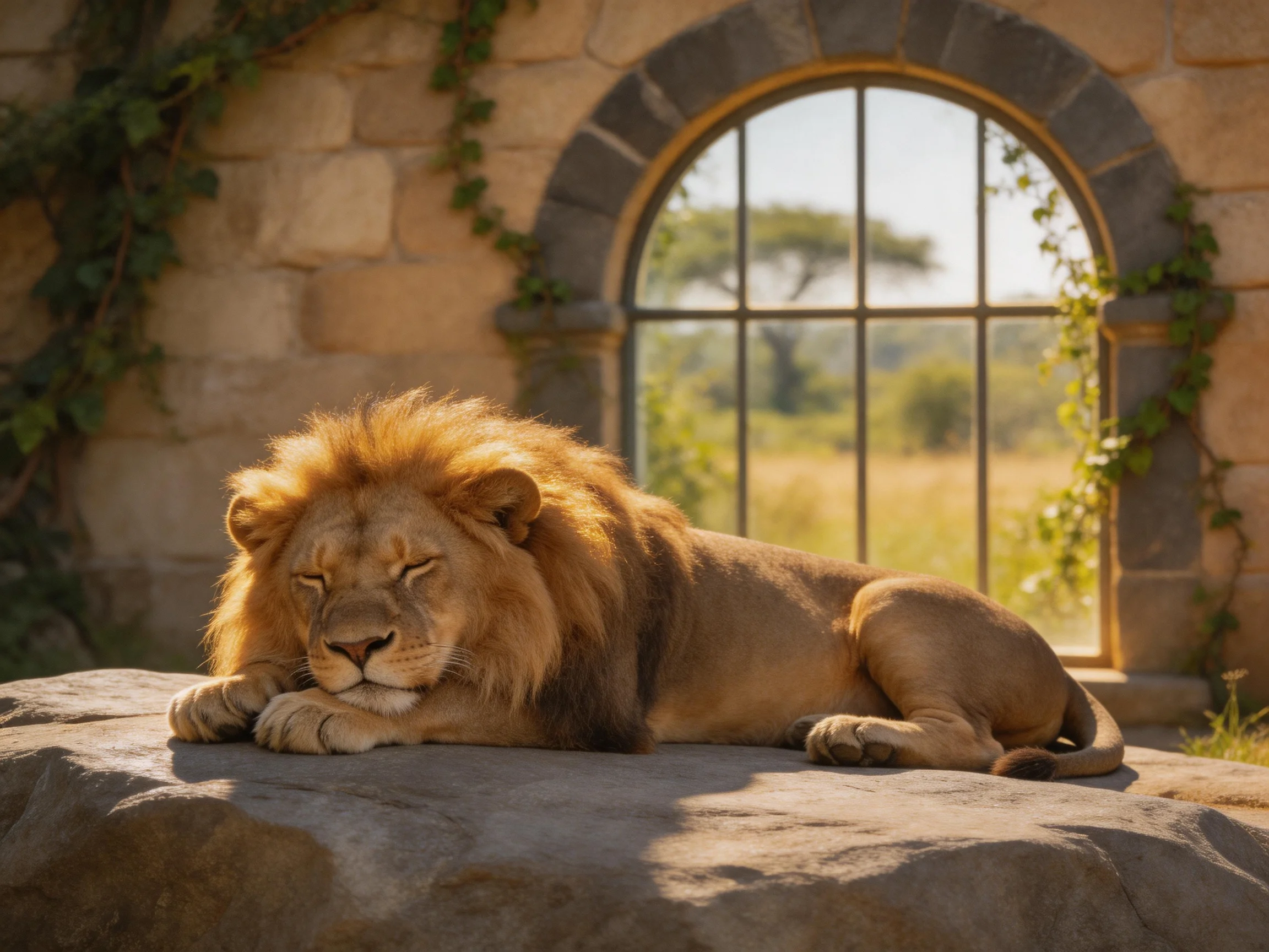 A lion rests on a rock near an arched stone window