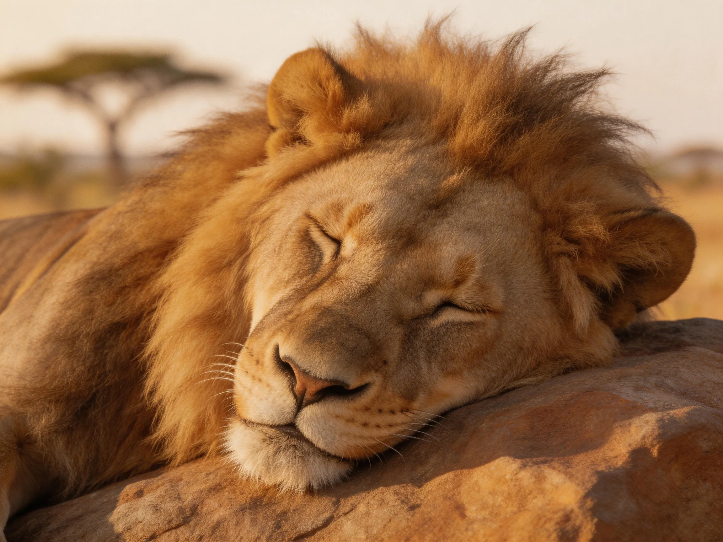 A golden-maned lion rests on a sun-warmed rock in the savannah