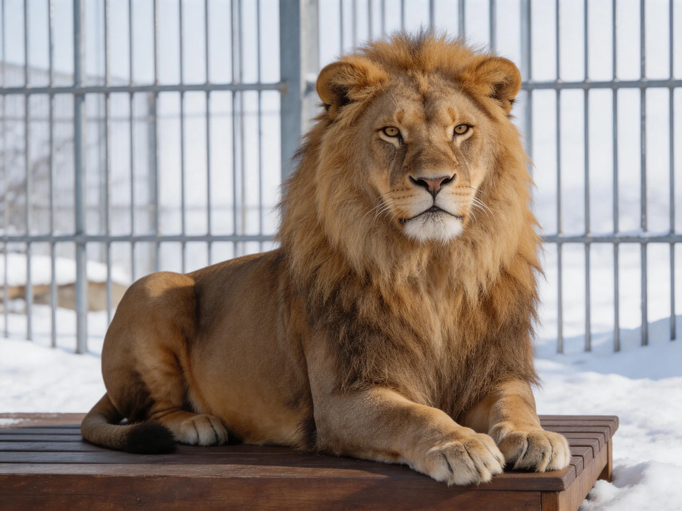 A golden-maned lion rests on a wooden platform amid snow
