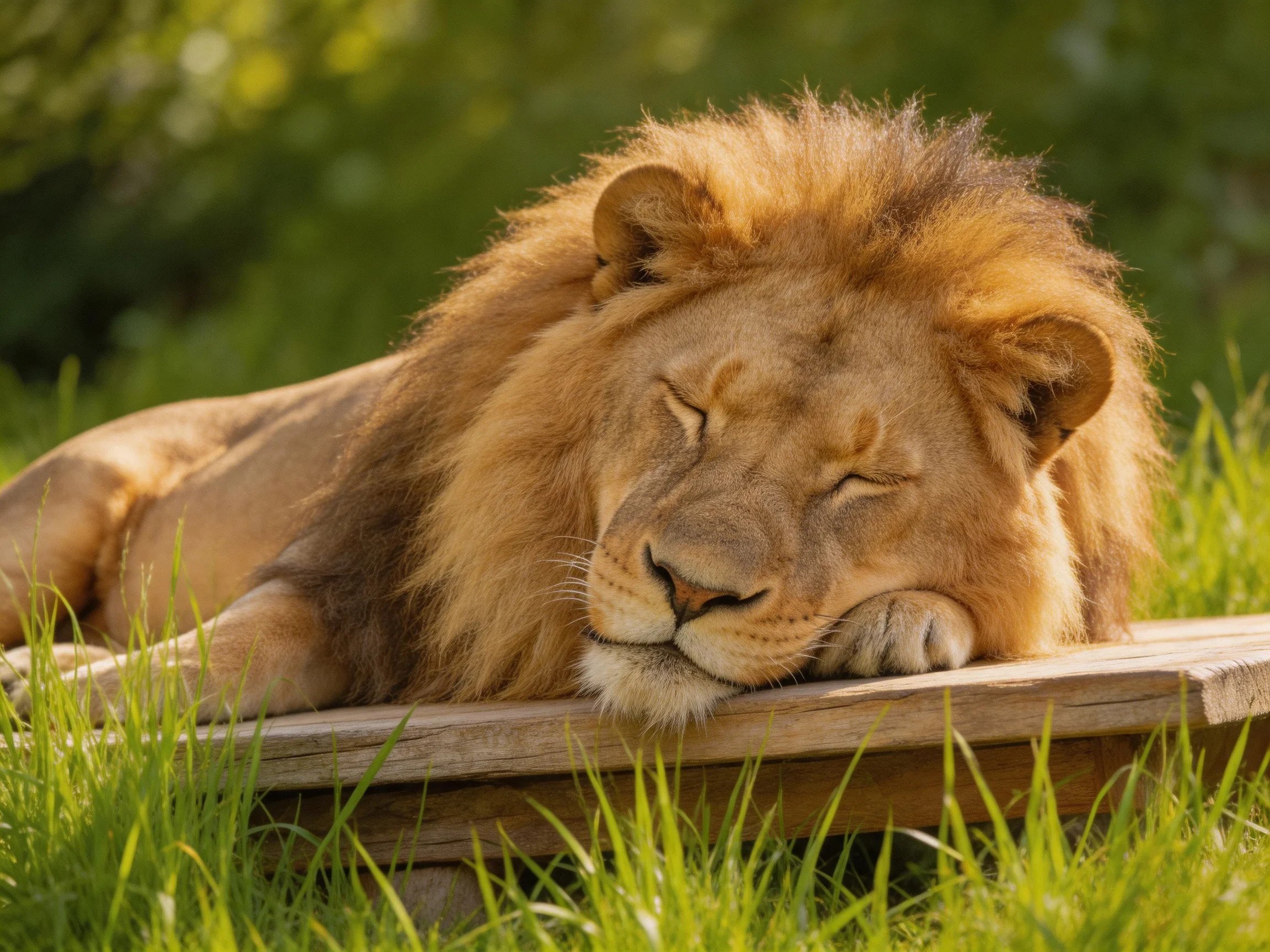 A golden-maned lion rests on a wooden platform amidst lush green grass