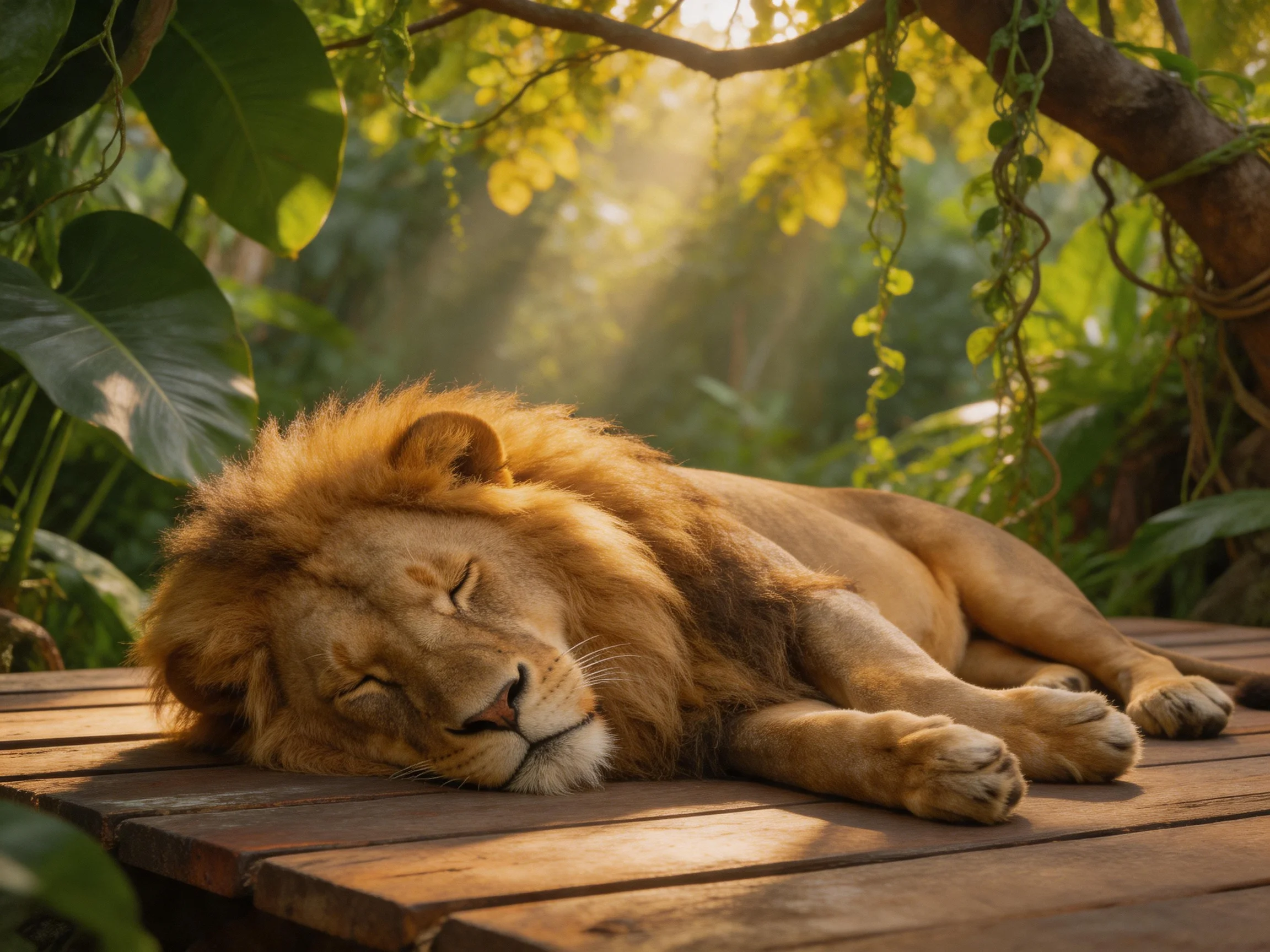A golden-maned lion rests on a wooden platform in a sunlit jungle