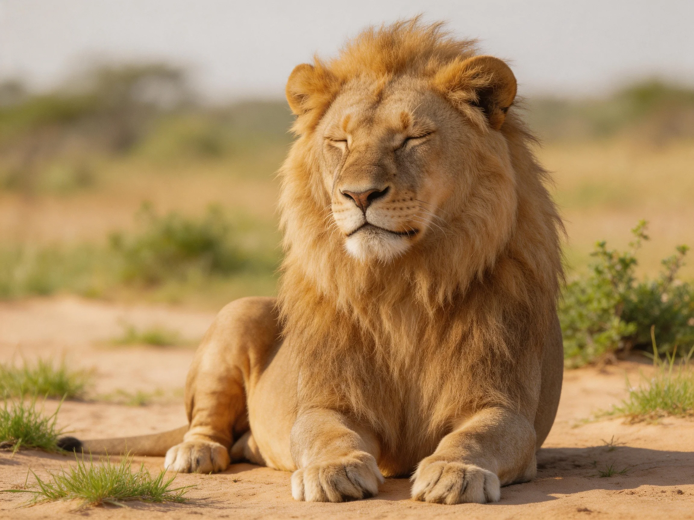 A golden-maned lion rests on sandy terrain near sparse vegetation