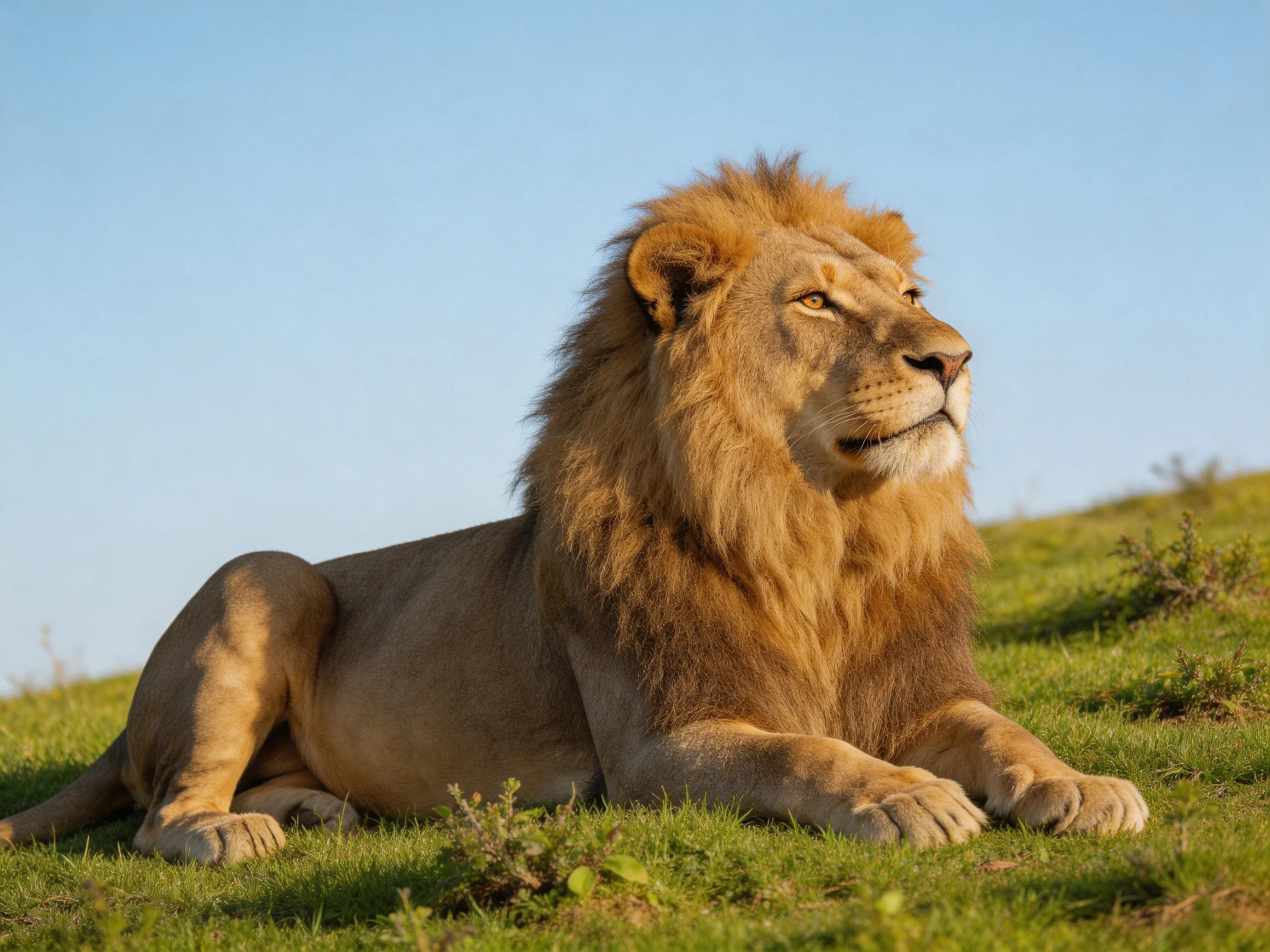 A lion rests on grass beneath a clear sky.