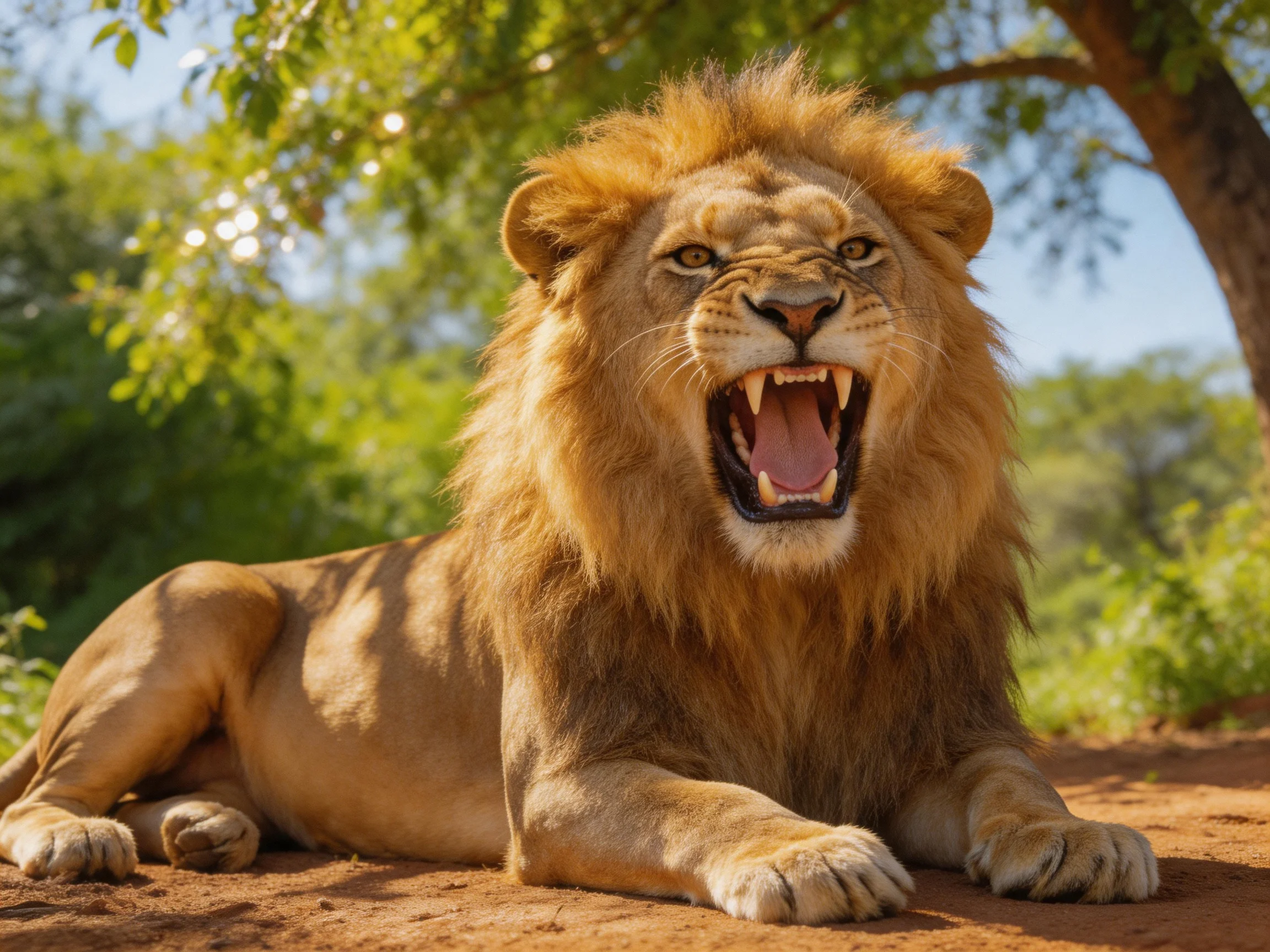 A golden-maned lion roars in a sunlit savannah