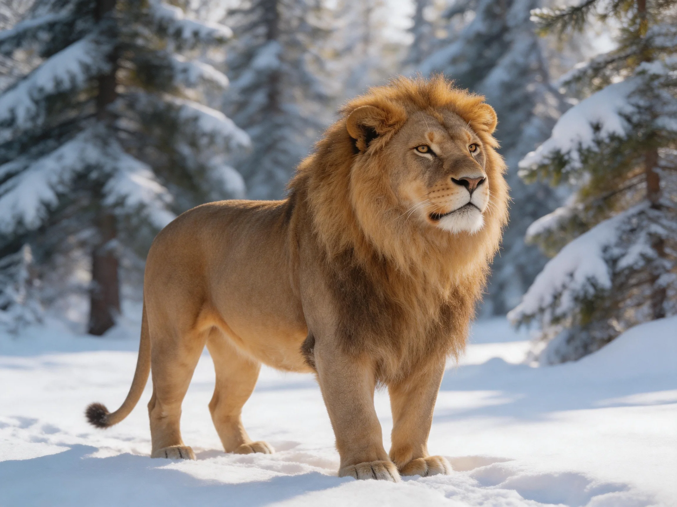 A golden-maned lion stands amid snow-covered evergreen trees