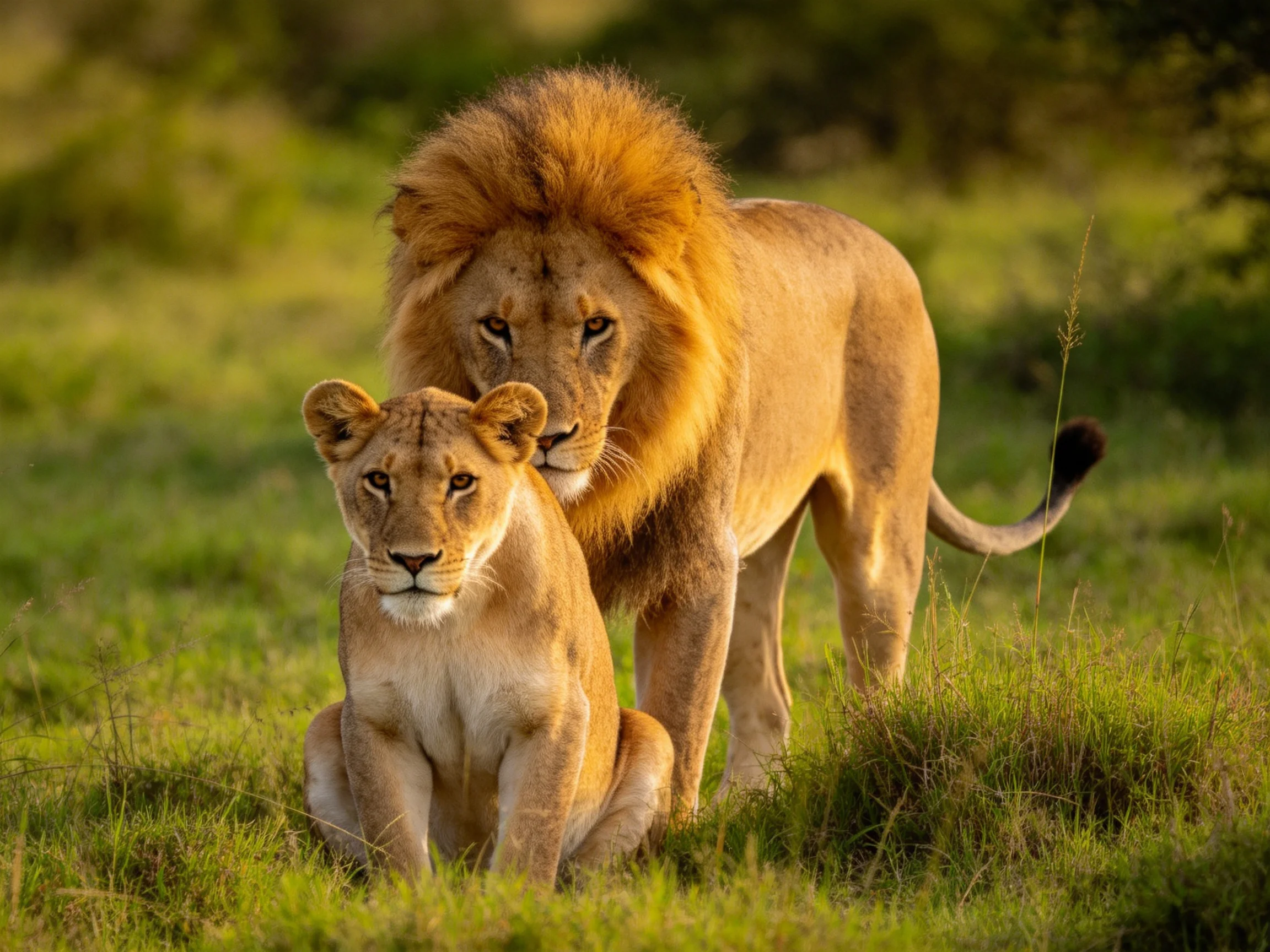 A golden-maned lion stands beside a seated lioness in green savannah