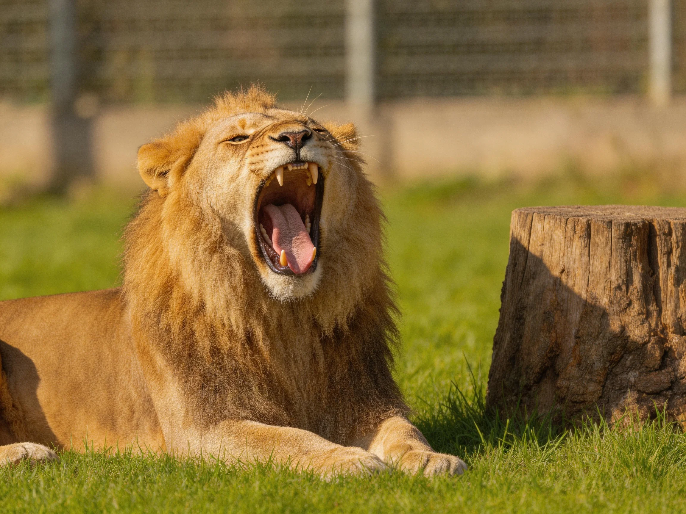 A lion yawns while resting on grass beside a tree stump.