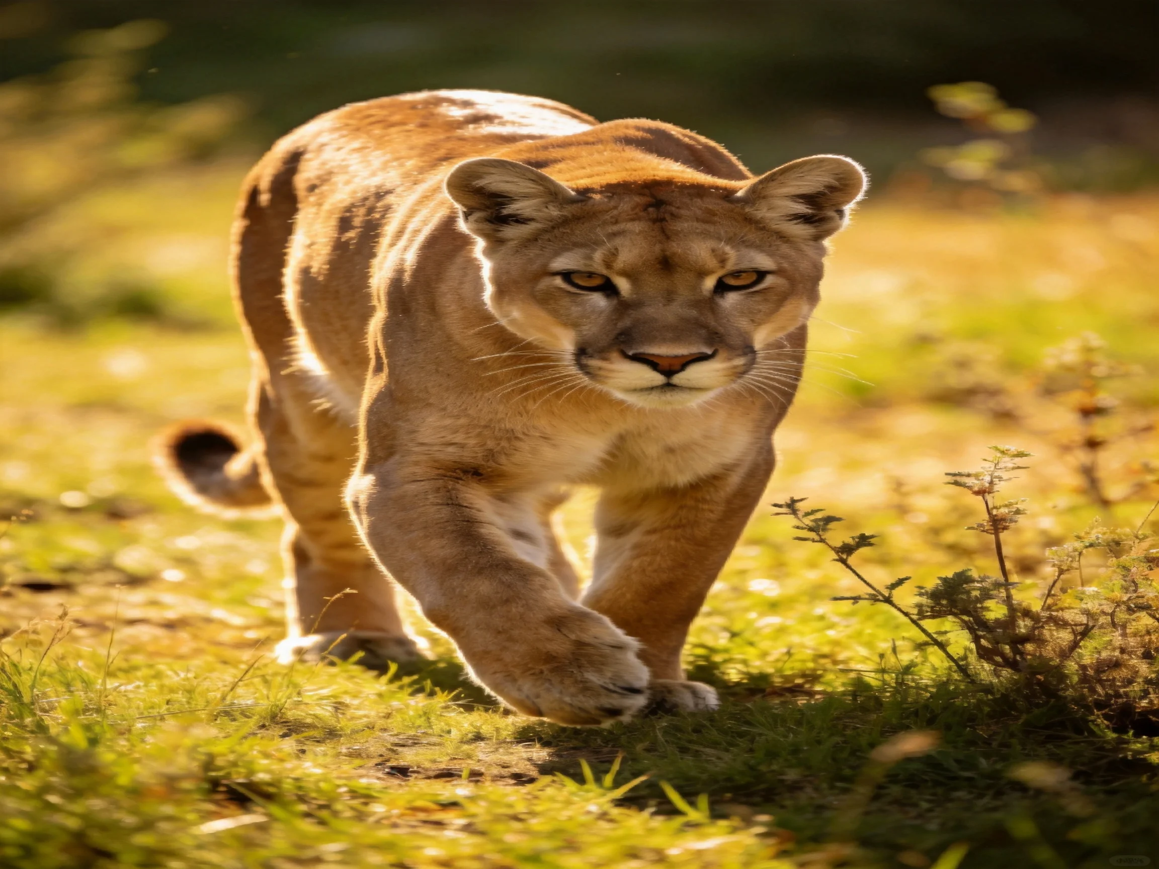 A mountain lion walks purposefully through a sunlit, grassy environment.