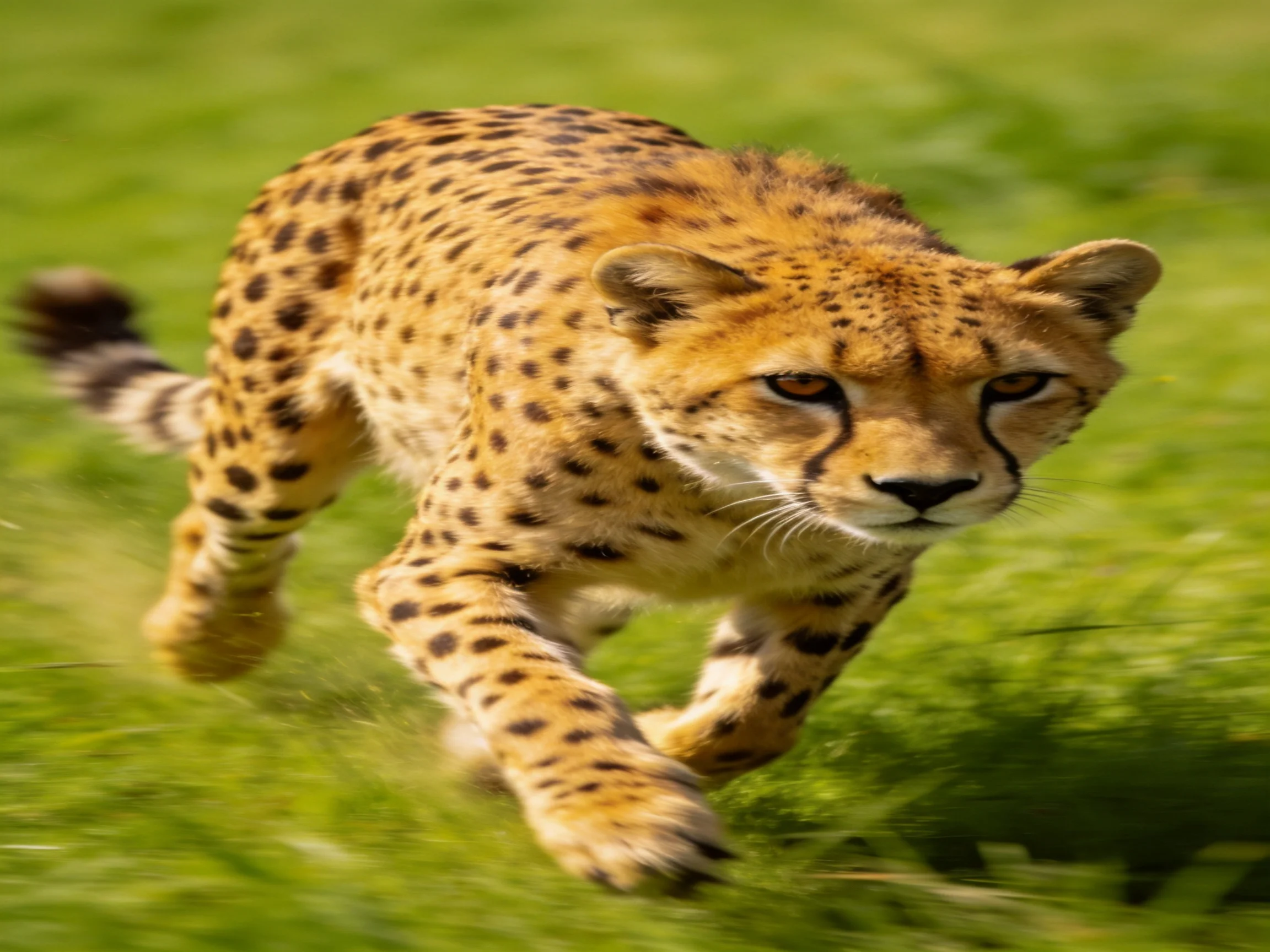 A golden-spotted cheetah dashes through vibrant green grass