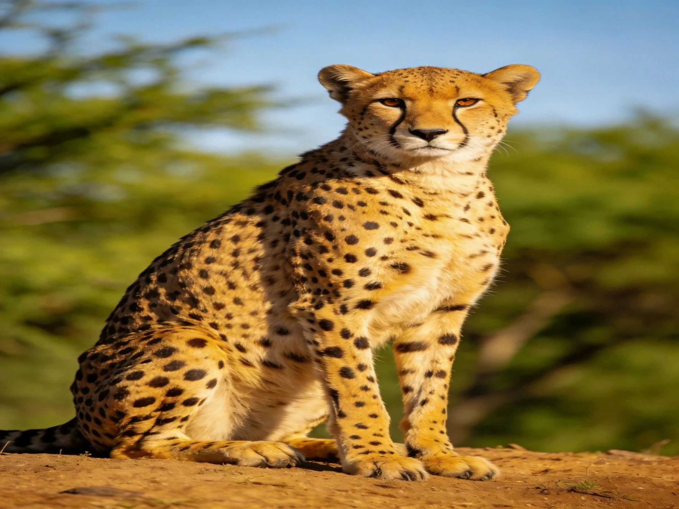 A golden-spotted cheetah sits alertly on a sunlit mound