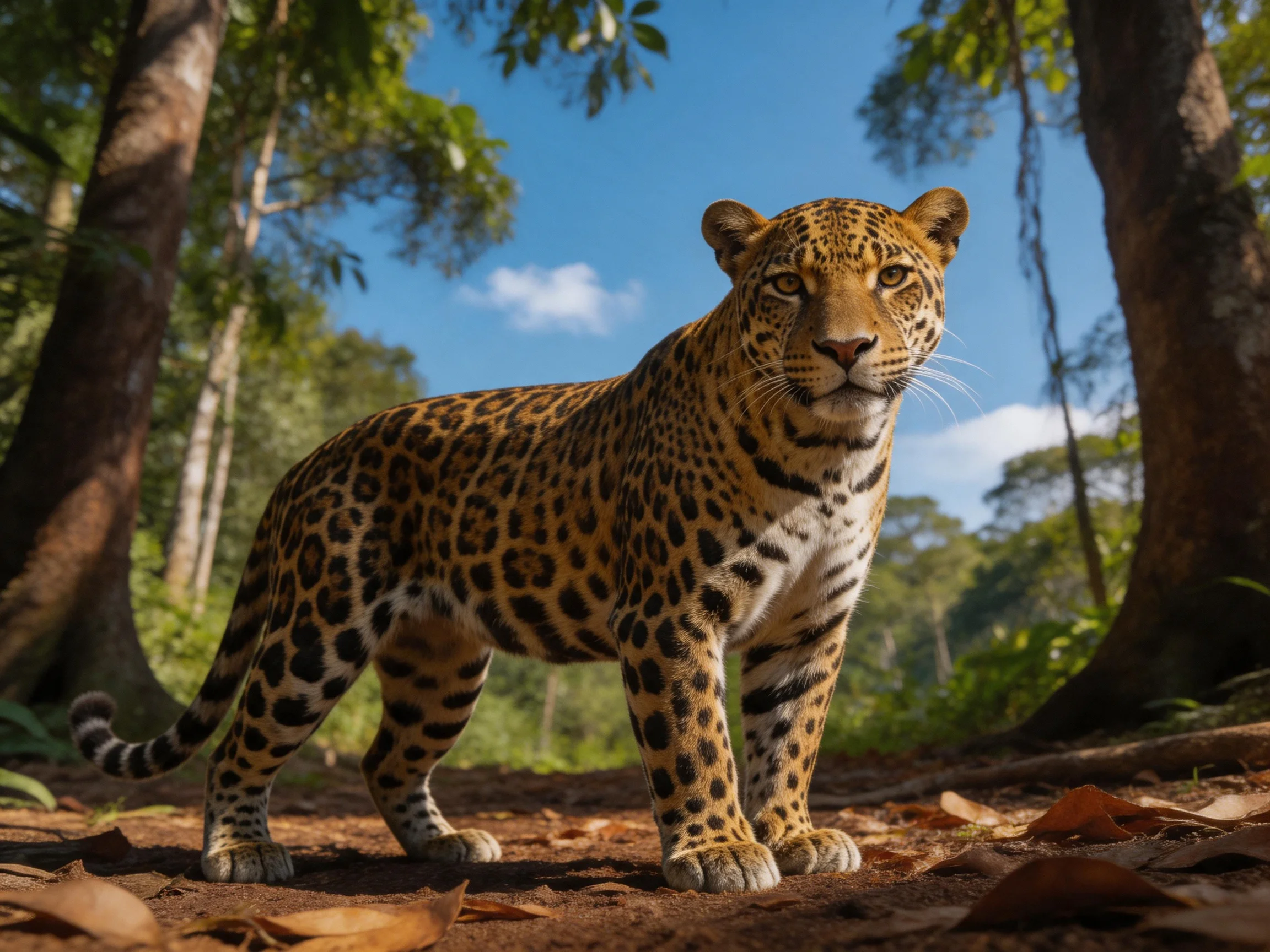 A golden-spotted jaguar in a sunlit forest