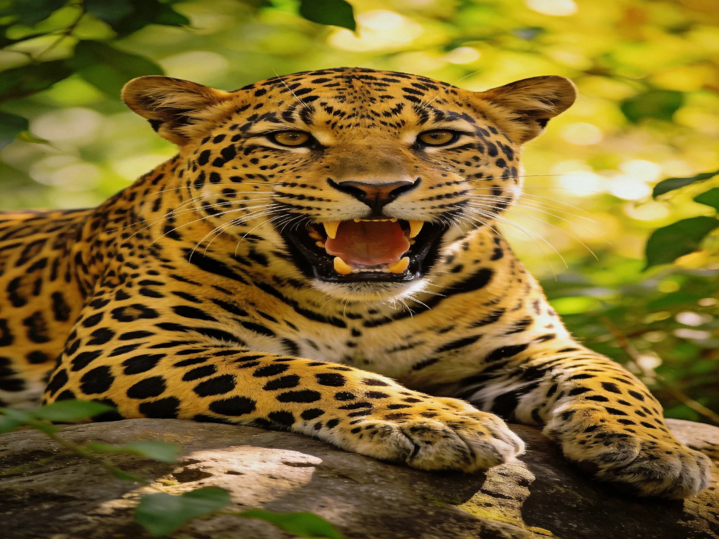 A golden-spotted jaguar rests on a rock amid lush green foliage