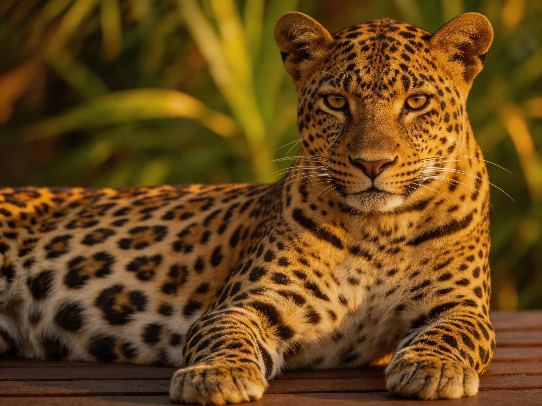 A golden-spotted leopard lounges on a wooden surface amidst greenery