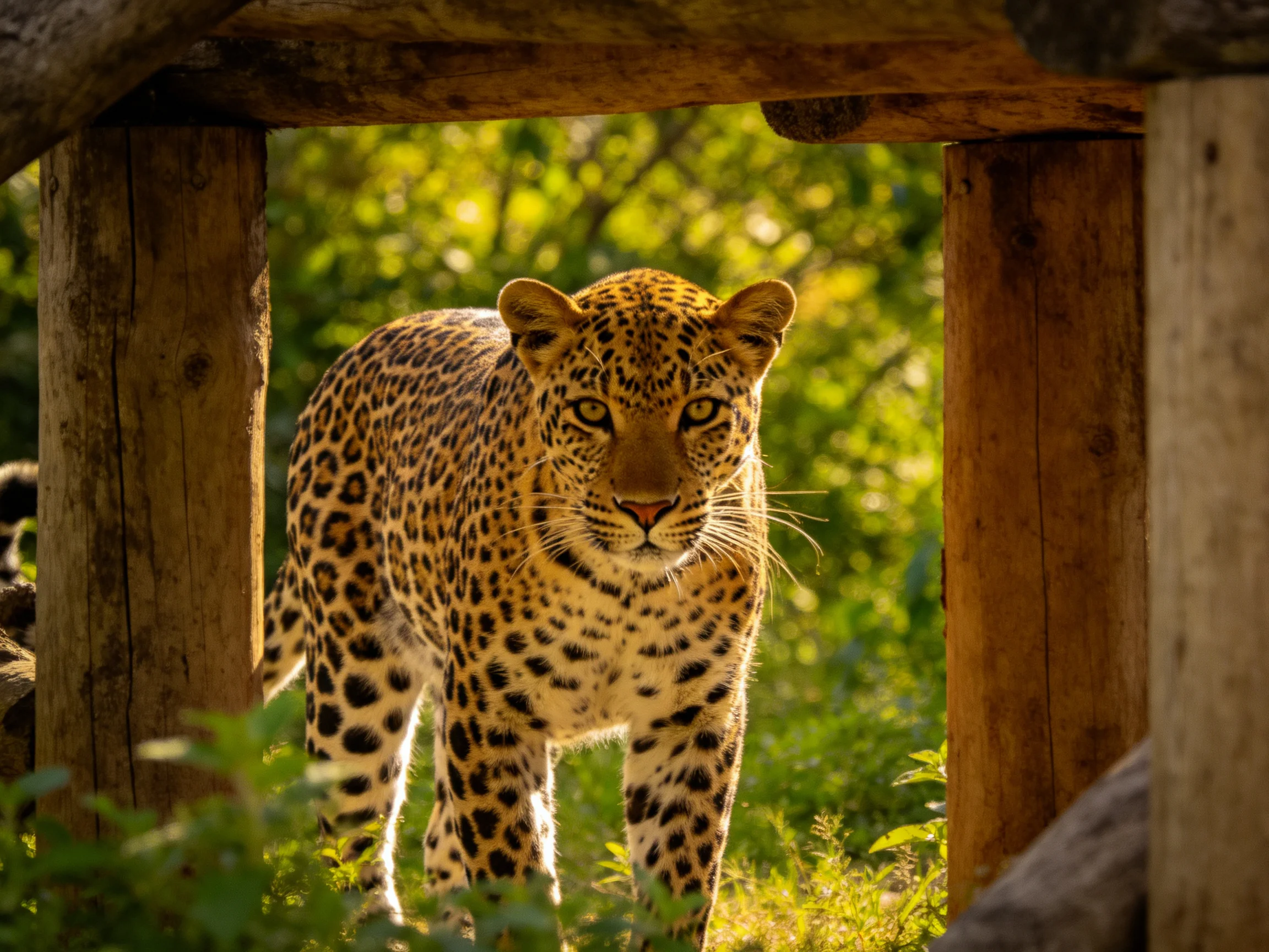 A leopard stands near wooden beams in a sunlit, green environment.