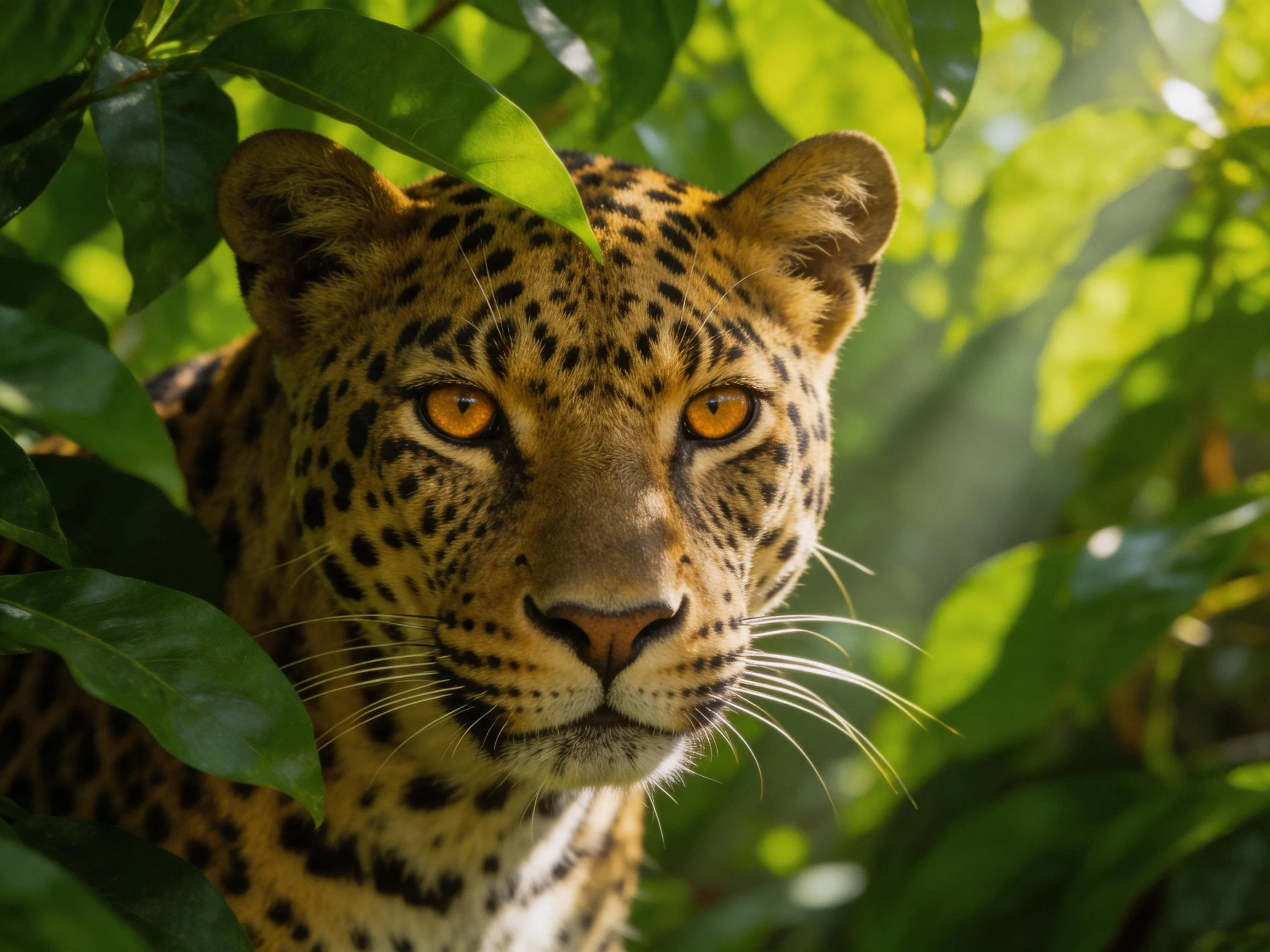 A leopard with amber eyes hides among dense green leaves.