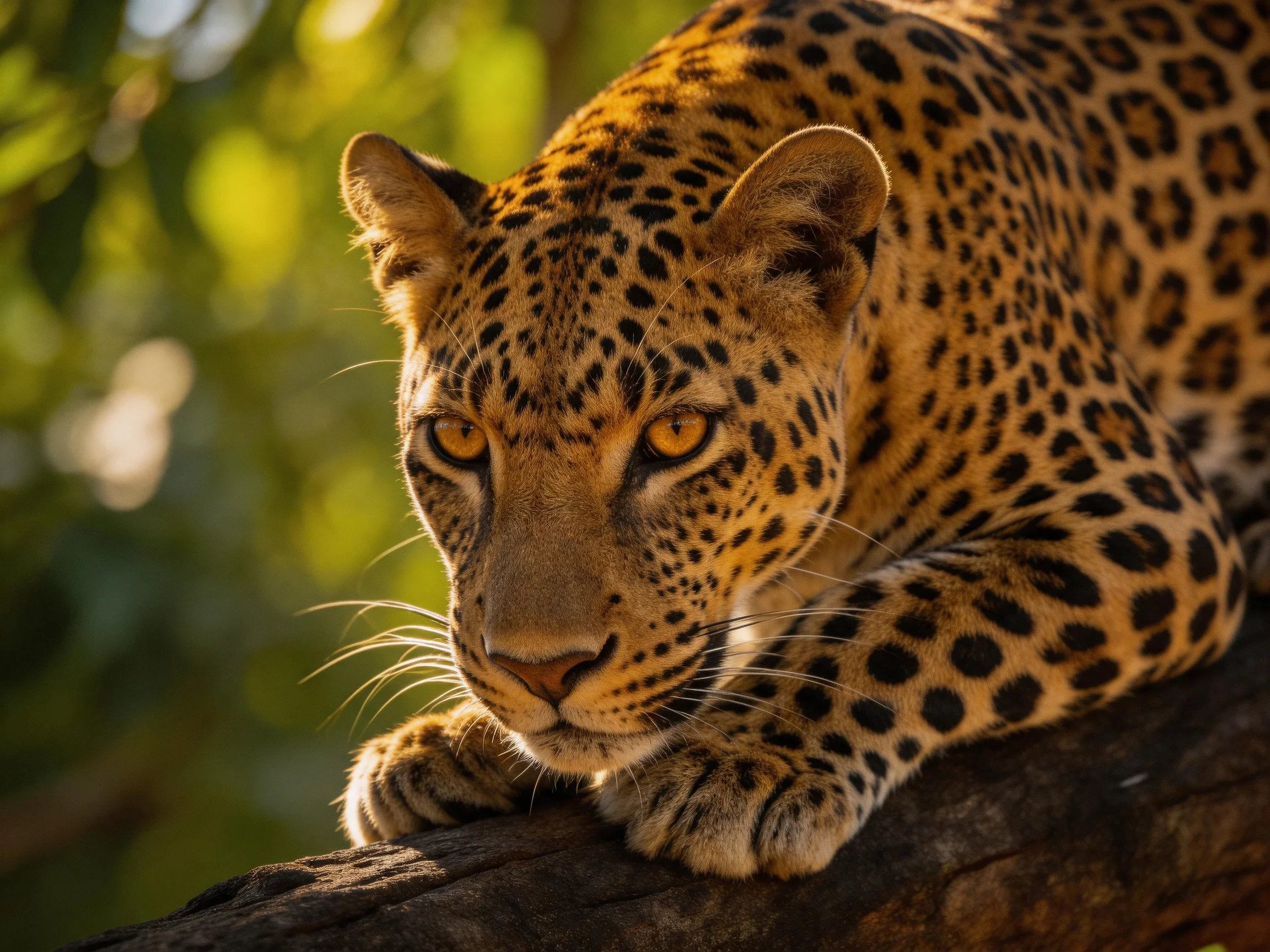 A leopard with spotted fur lies on a tree trunk in a sunlit forest setting.