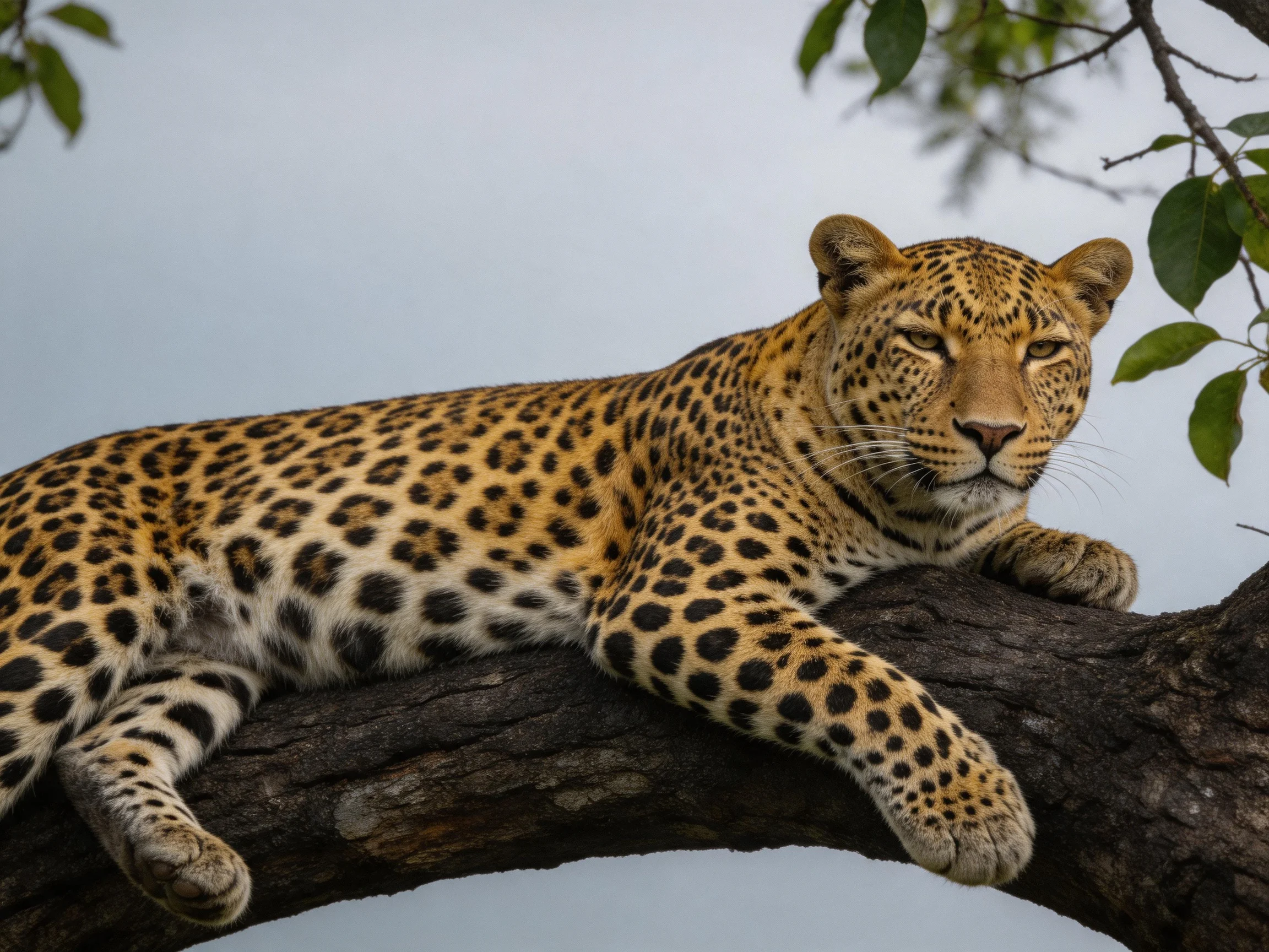 A leopard lounges on a tree branch in a natural setting.