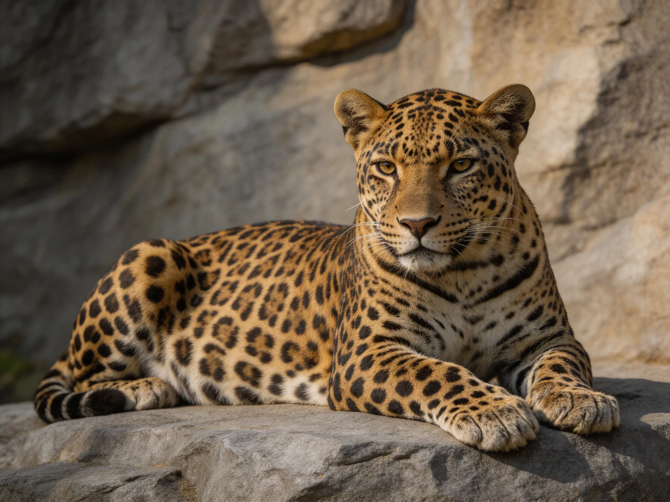 A leopard with spotted fur relaxes on rocks near stone walls.