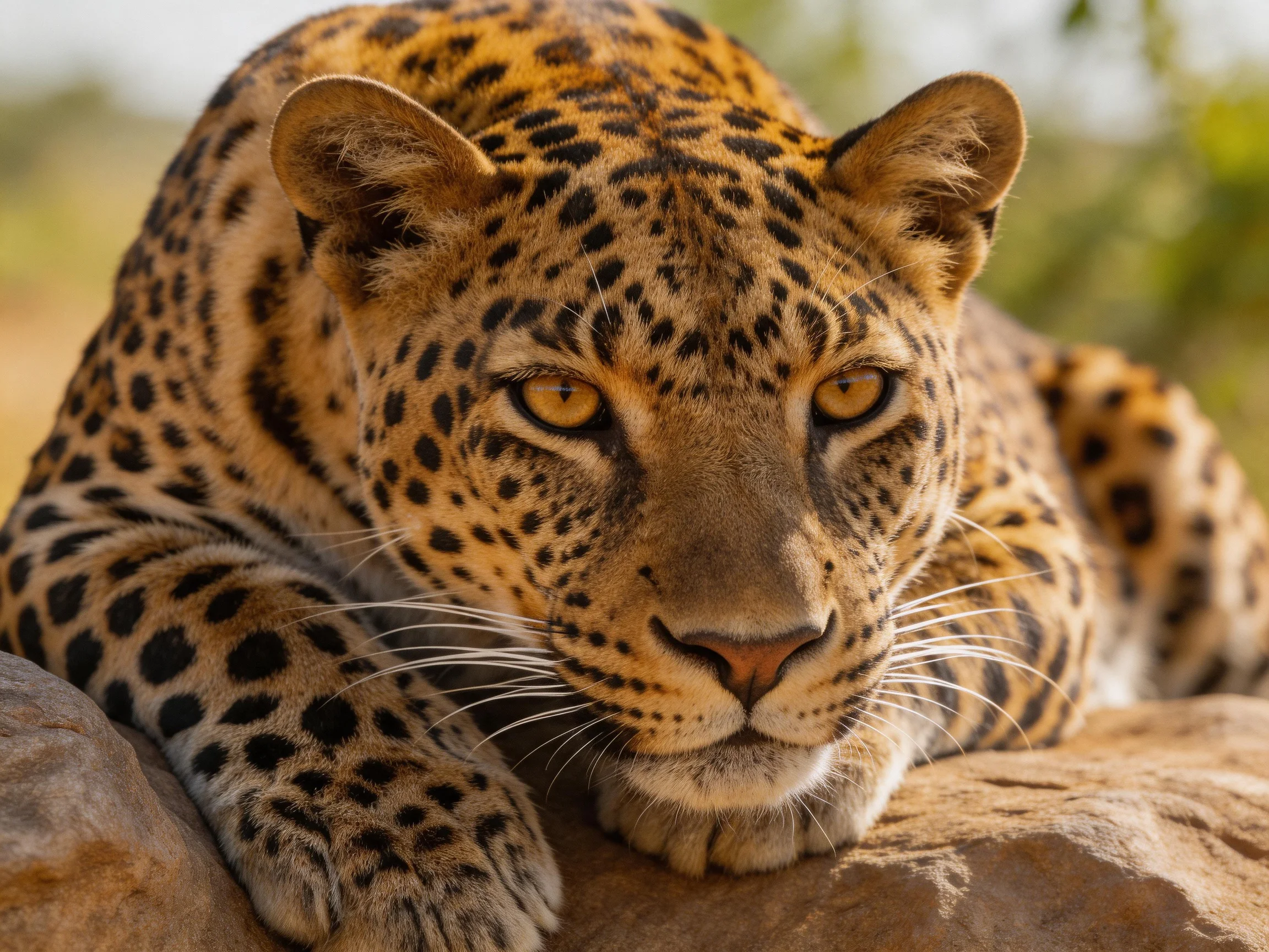 A golden-spotted leopard relaxes on a sunlit rock.