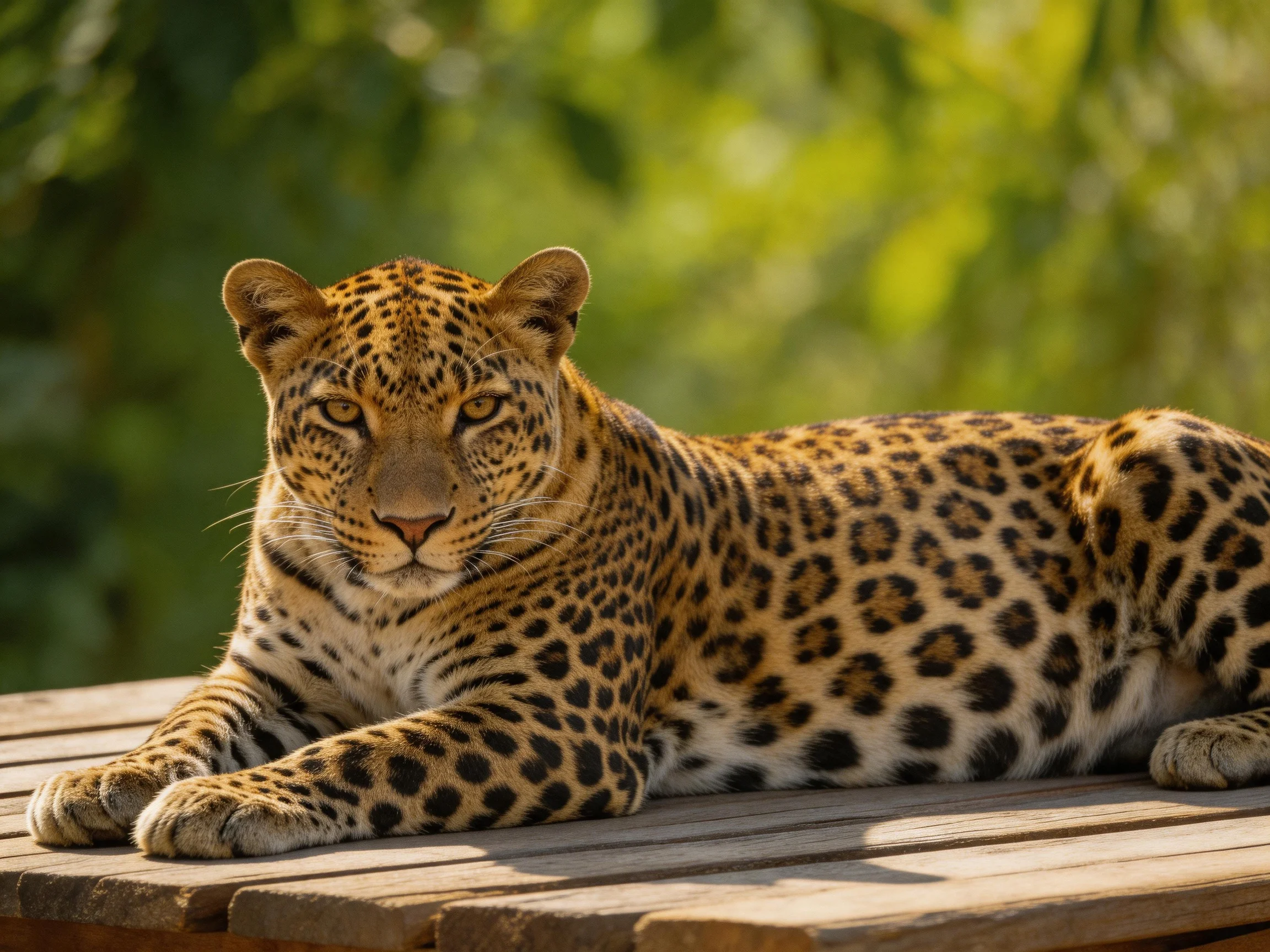 A golden-spotted leopard rests on a wooden platform in a verdant environment.