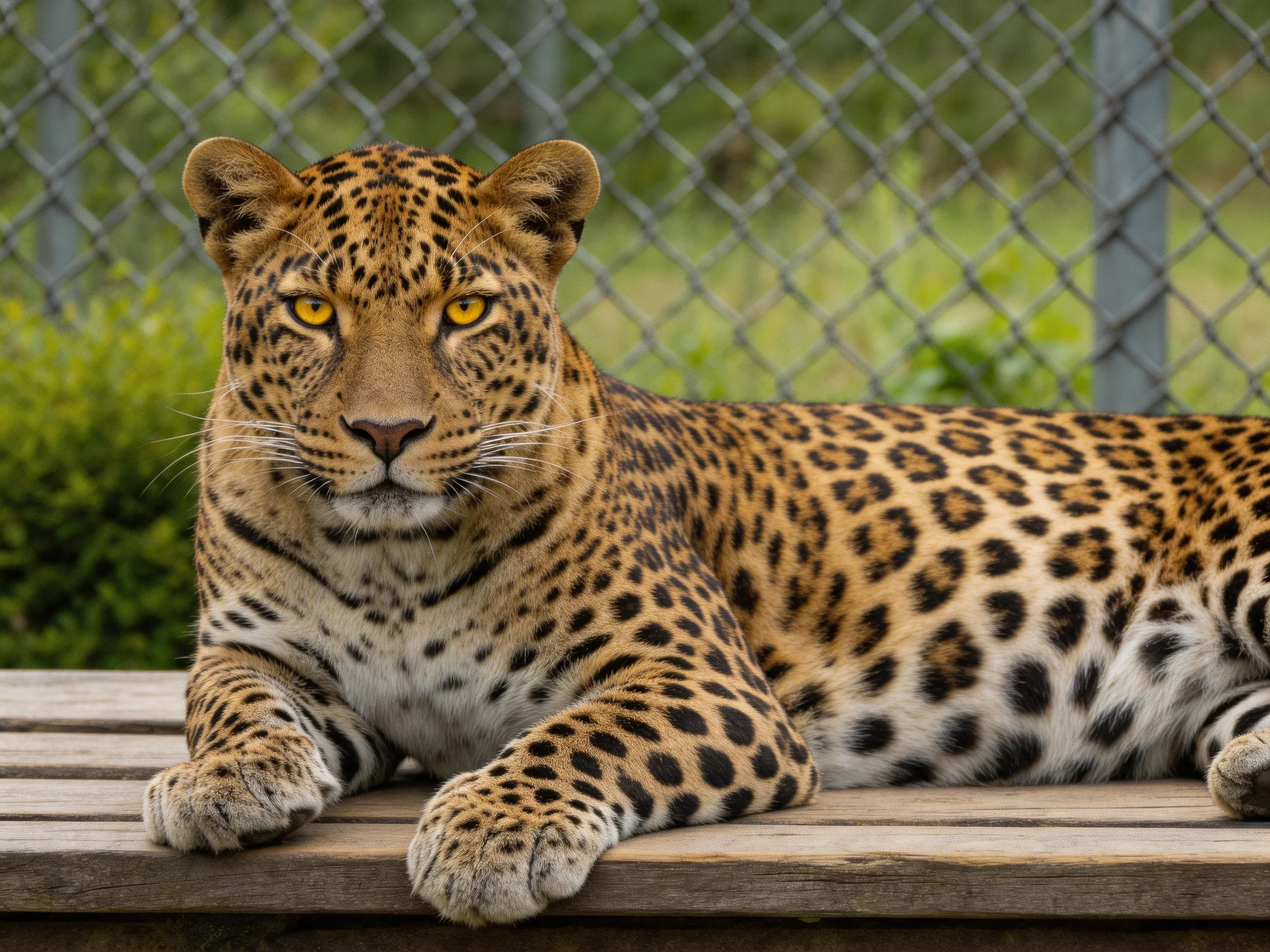 A golden-spotted leopard relaxes on a wooden platform beside a chain-link fence.