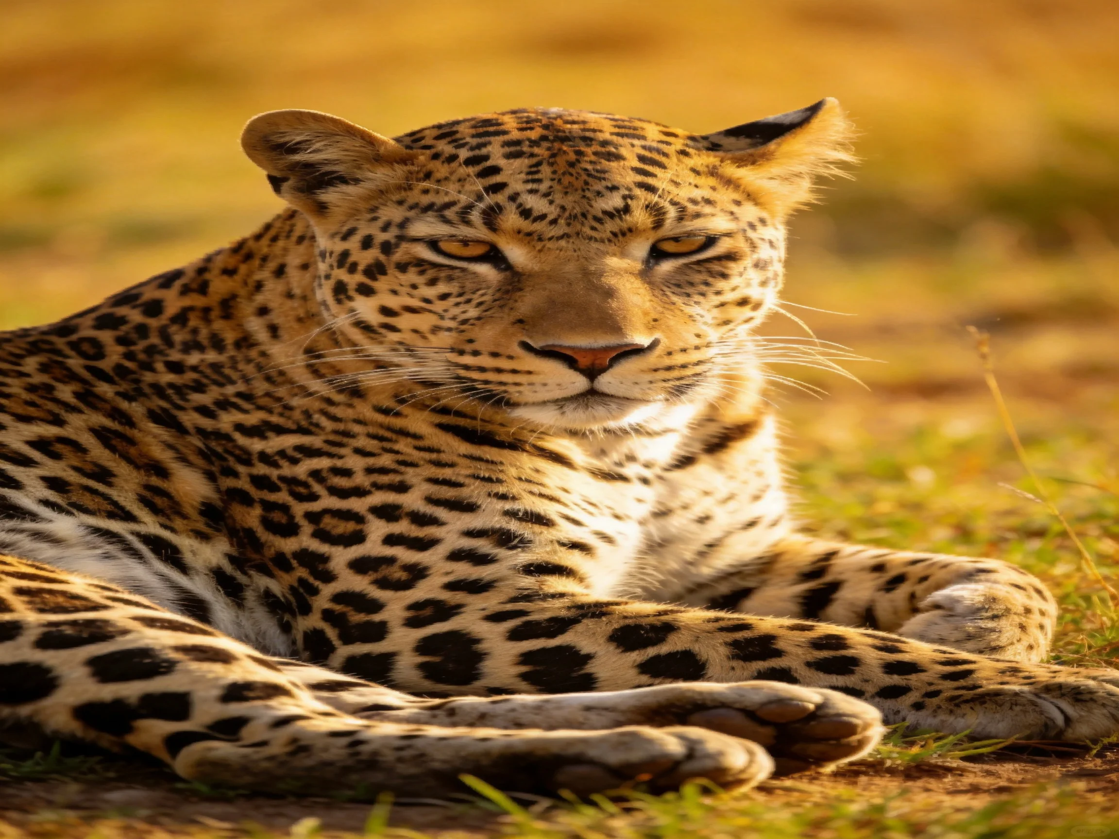 A golden-spotted leopard relaxes on sunlit savannah terrain.
