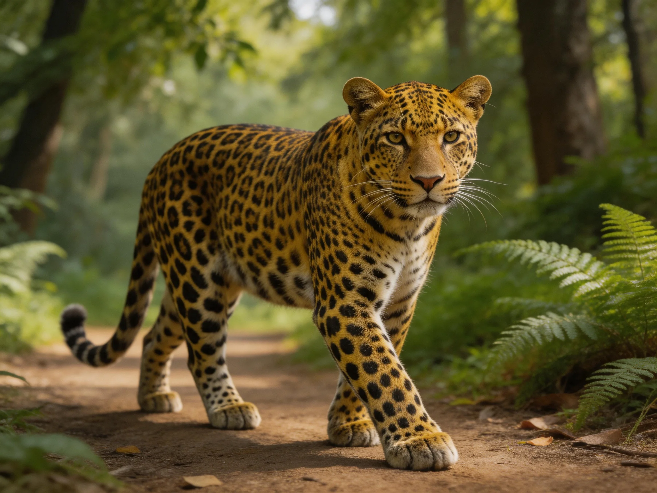 A golden-spotted leopard walks on a sunlit forest path.