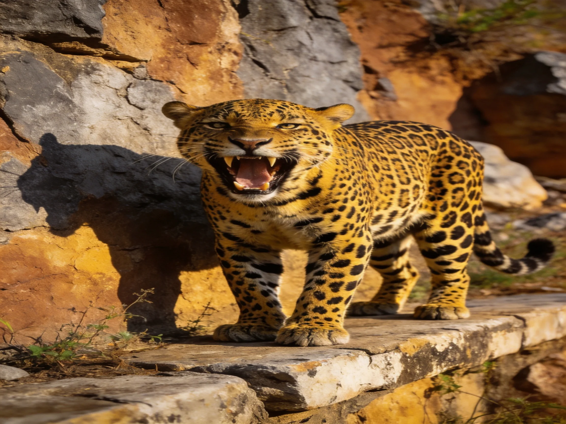 A golden-spotted leopard roars beside a textured stone wall