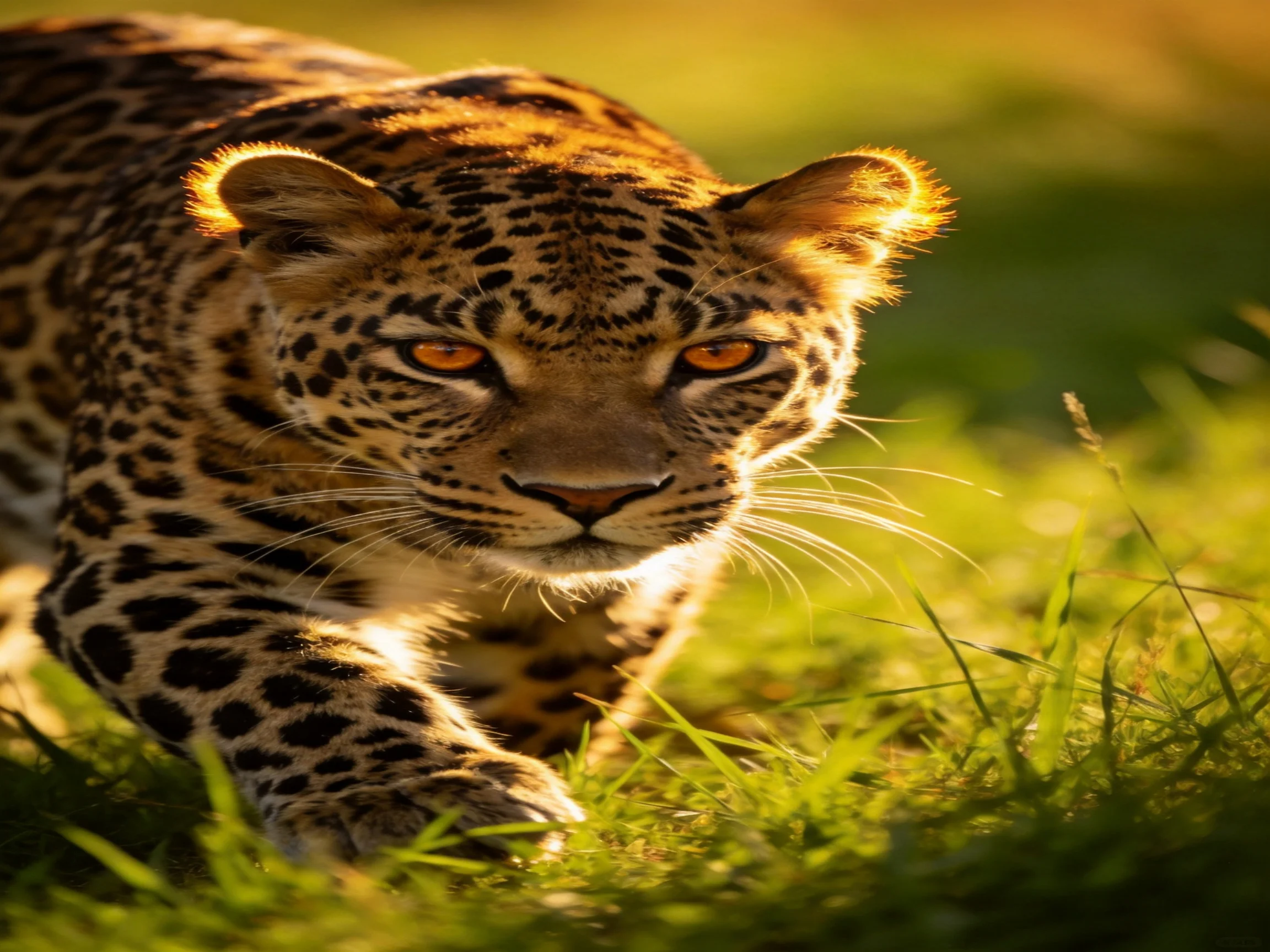 A leopard with bright orange eyes stalks through grass in a sunlit environment.
