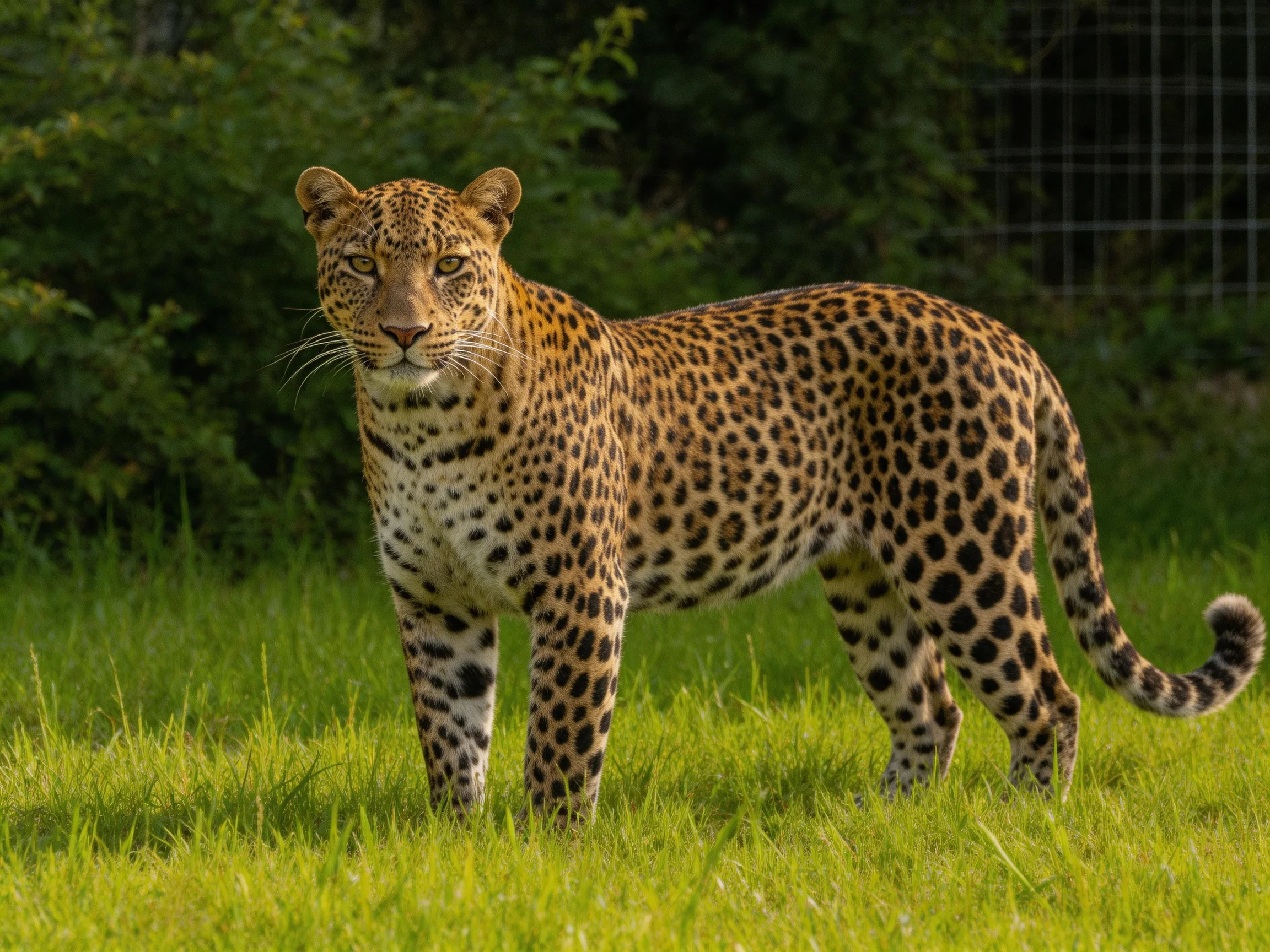 A golden-spotted leopard stands alert in a grassy area with dark foliage behind