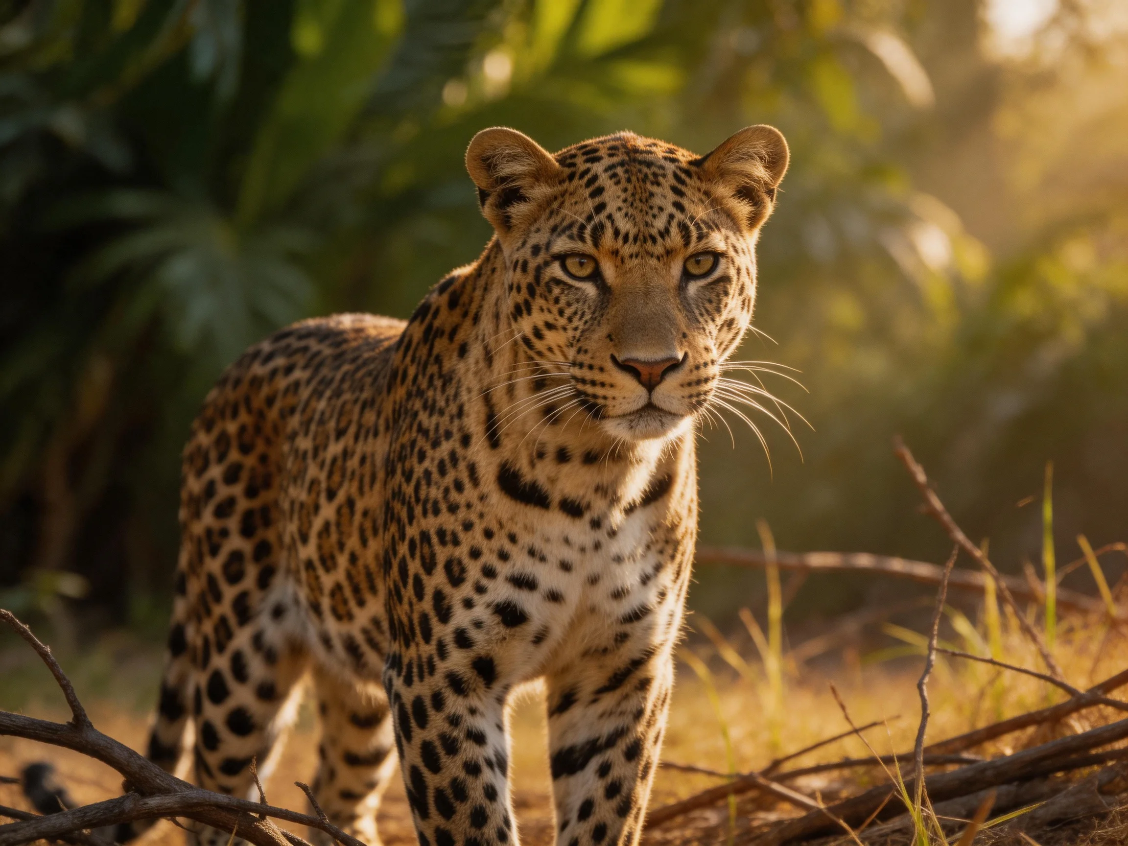A golden-spotted leopard stands alert in a sunlit natural setting.