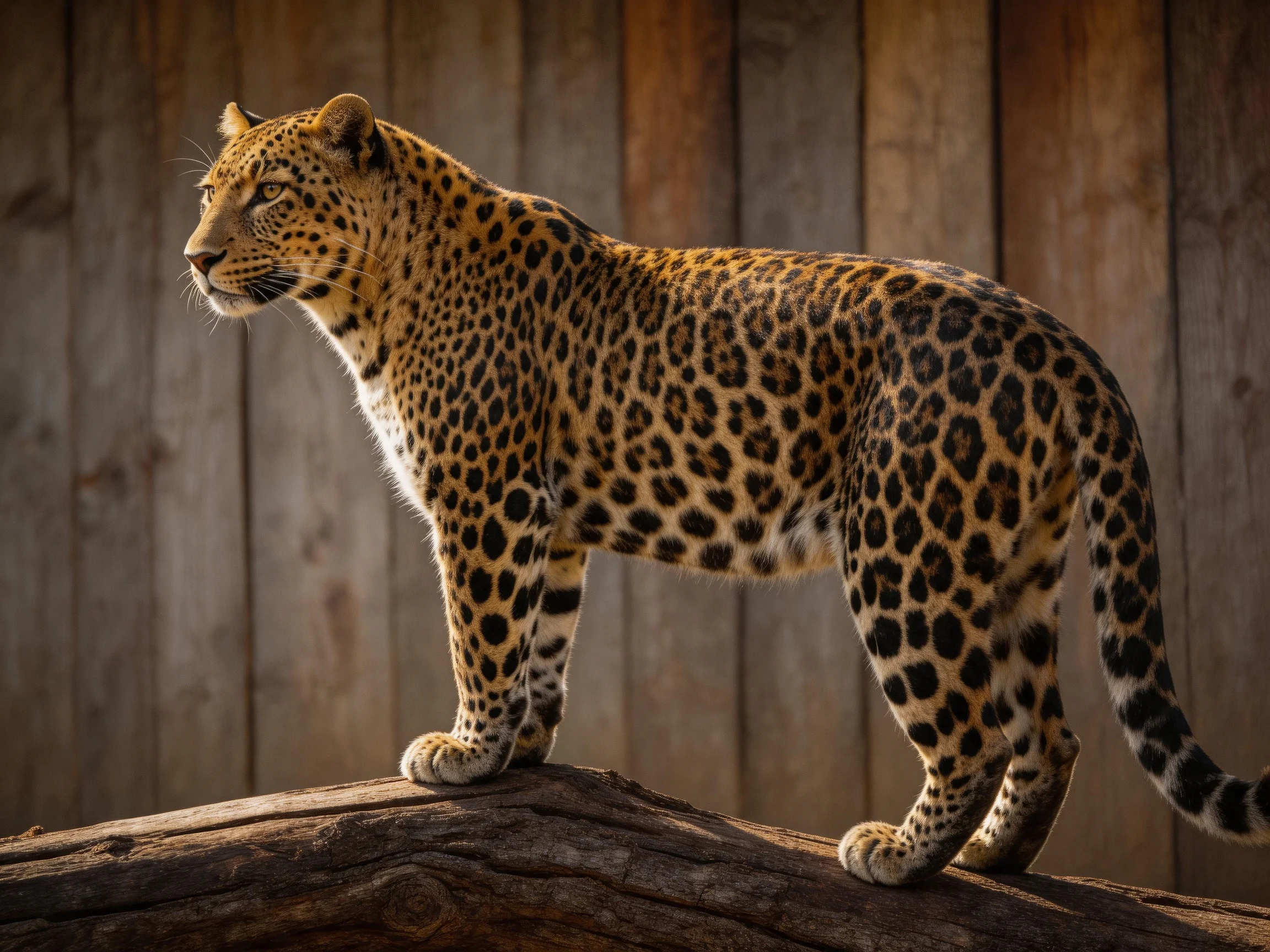 A leopard with golden fur and black spots stands on a log near wooden walls.