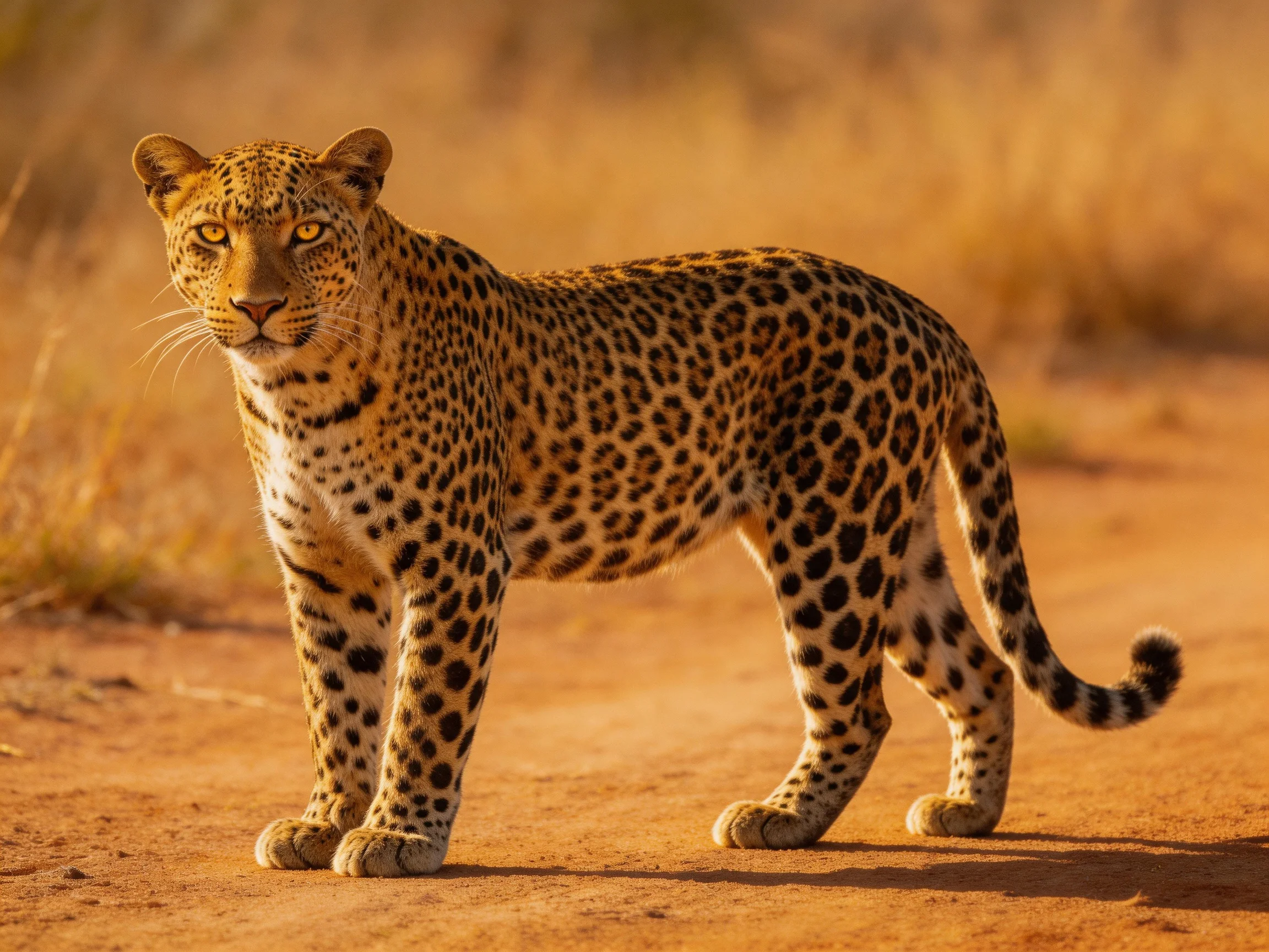 A golden-spotted leopard stands alert on a dusty savannah path