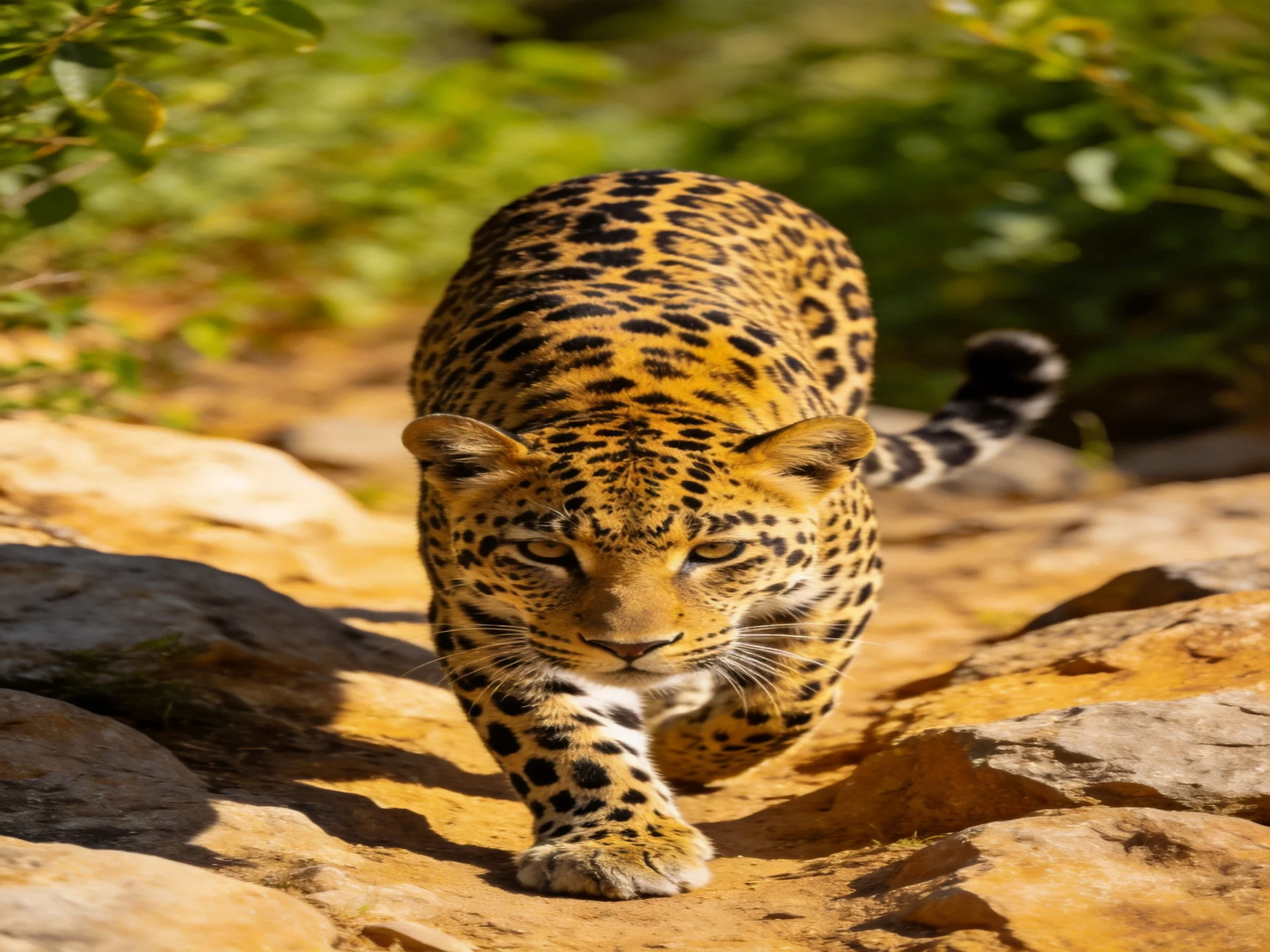 A golden-spotted leopard advances on rocky ground amid greenery.