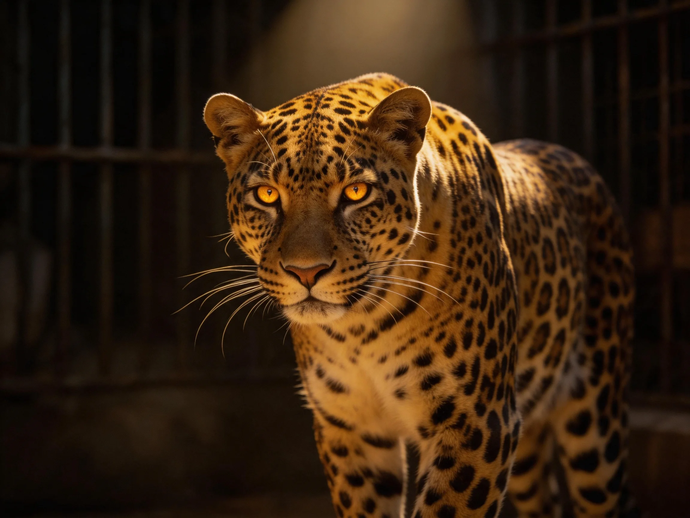A golden-spotted leopard stands in a dimly lit enclosure.