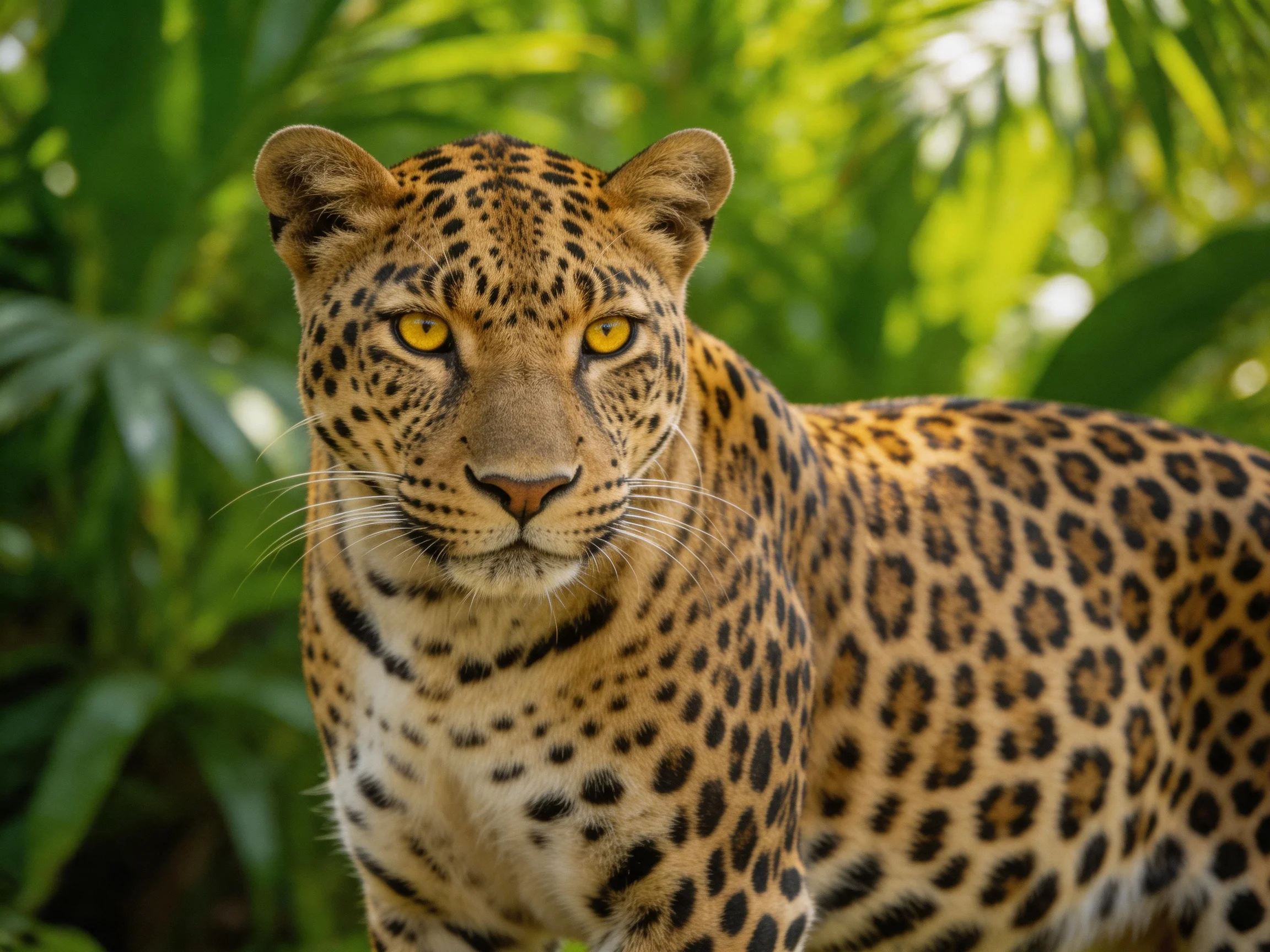 A golden-spotted leopard looks directly ahead amid abundant green foliage.