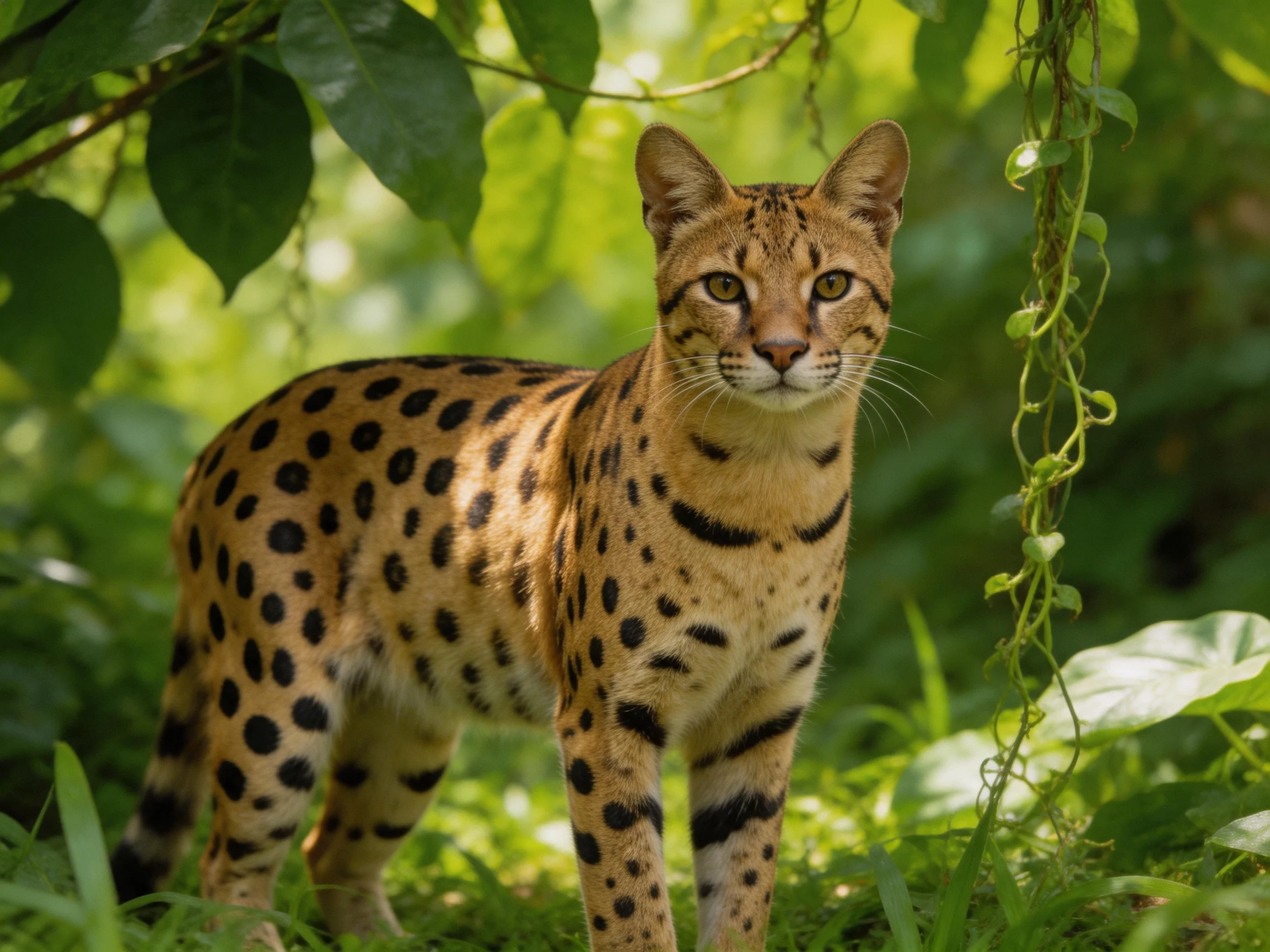 A golden-spotted wild cat stands in sunlit, leafy surroundings.