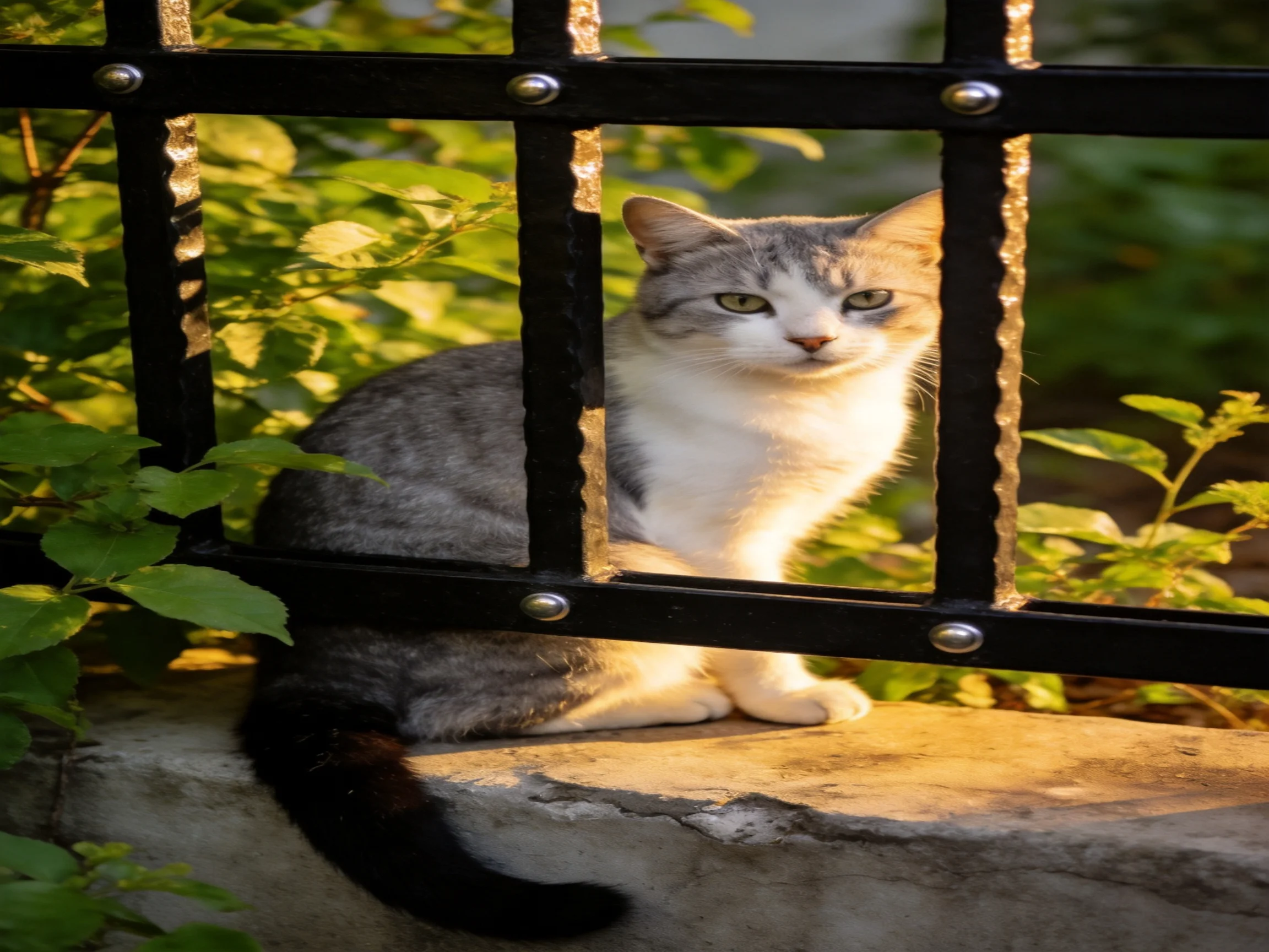A gray-and-white cat rests near a black iron fence surrounded by greenery under sunlight.