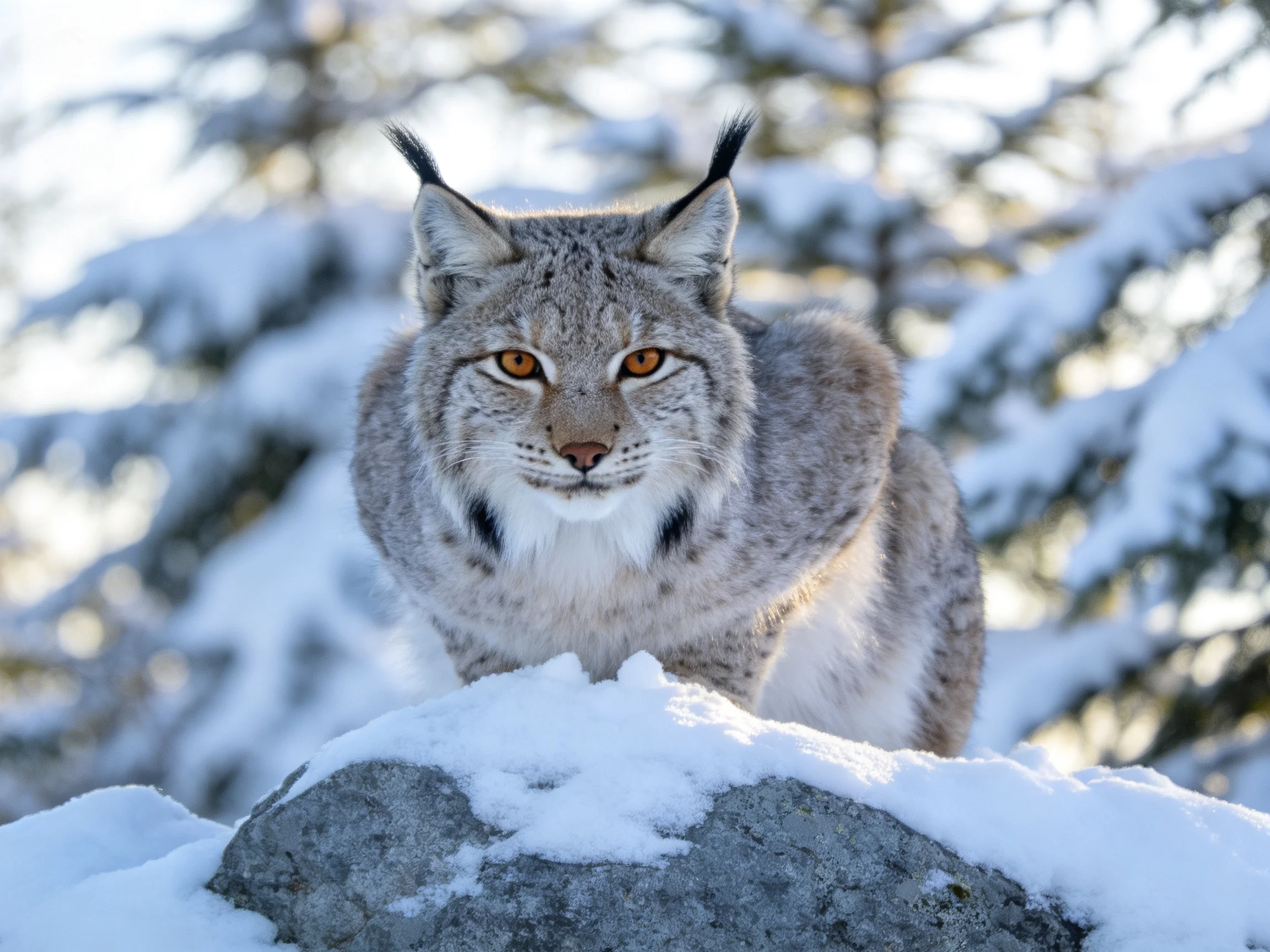 A gray-furred lynx stands on a snow-covered rock near frosty evergreen trees