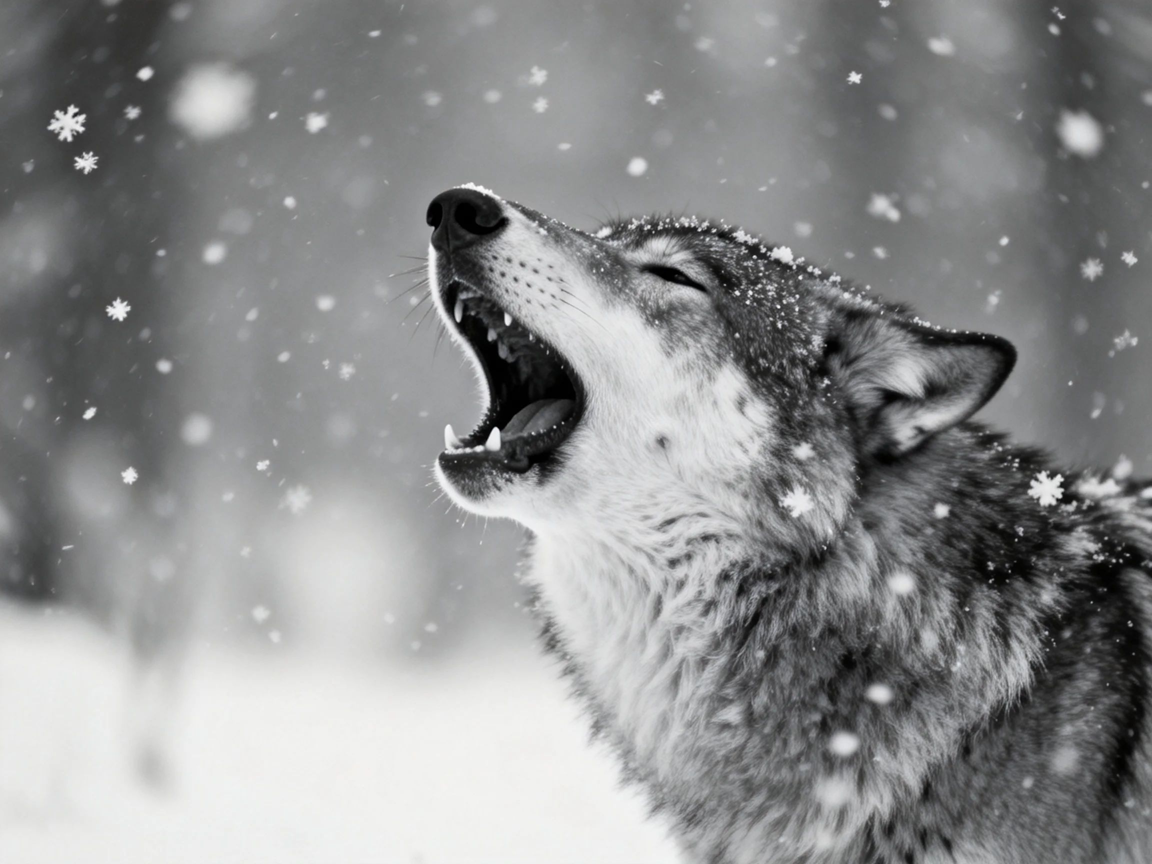 A gray wolf howls during a snowfall in a wintry setting.