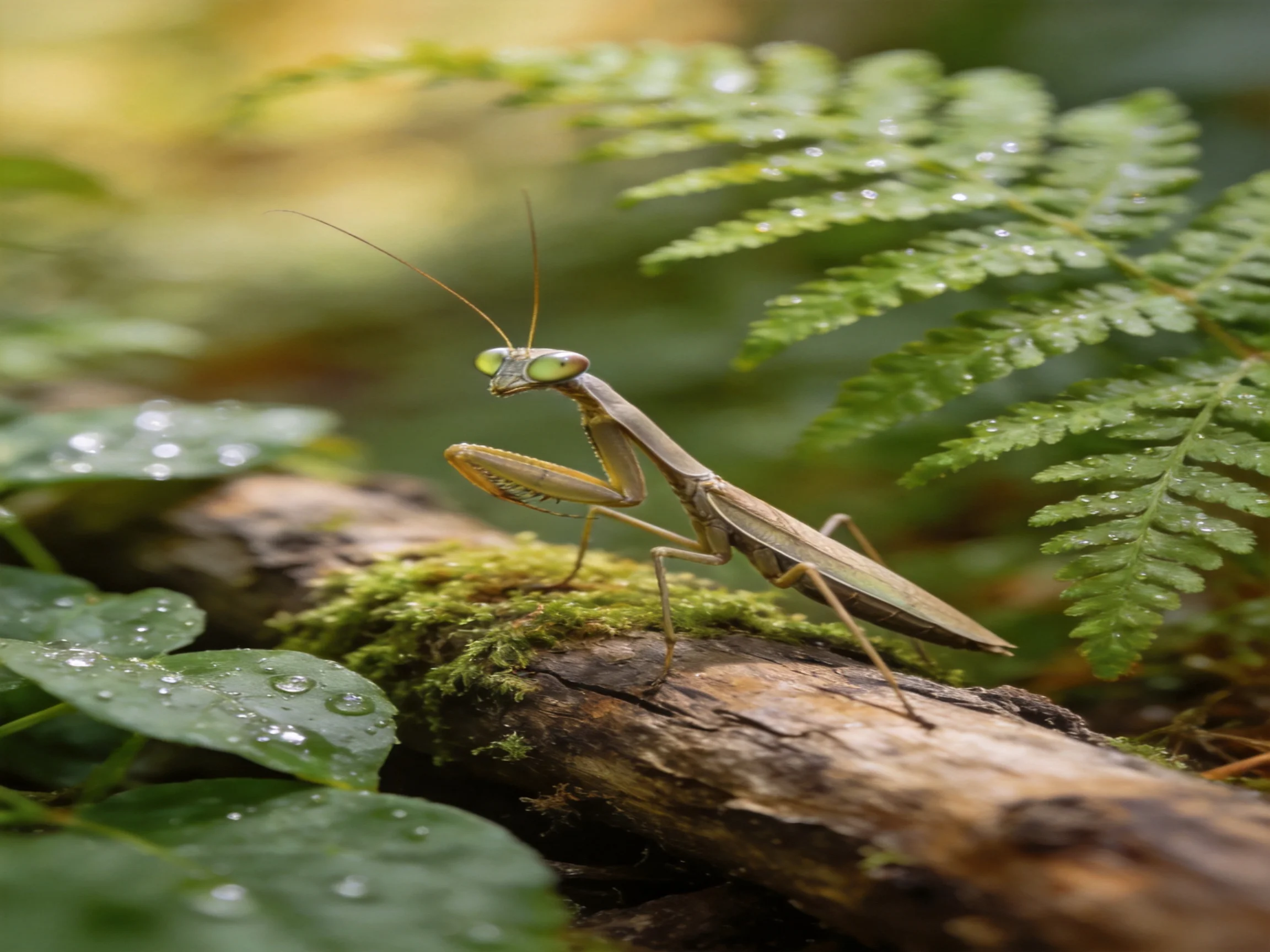 A green-eyed praying mantis sits on mossy wood among ferns